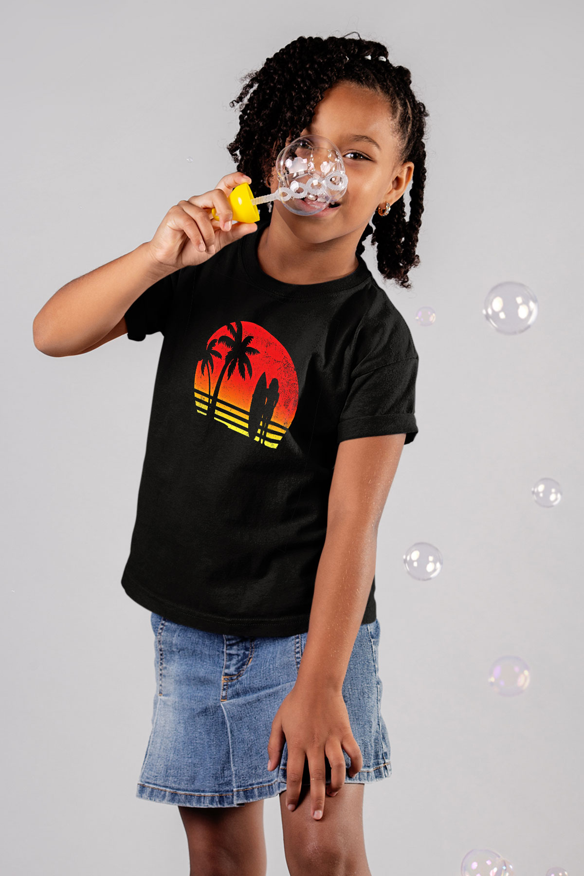 Sörf - Surfing Baskılı Unisex Siyah Çocuk Tİşörtü - Tshirt