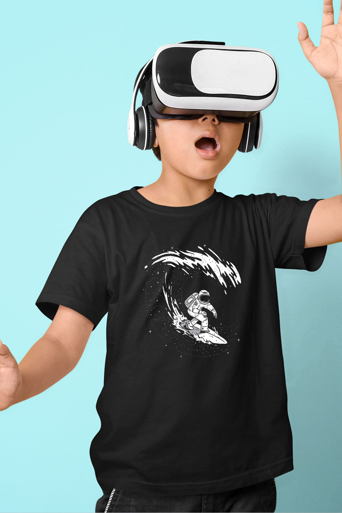 Sörf - Surfing Baskılı Unisex Siyah Çocuk Tİşörtü - Tshirt