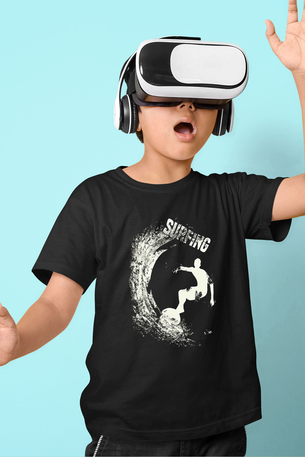 Sörf - Surfing Baskılı Unisex Siyah Çocuk Tİşörtü - Tshirt