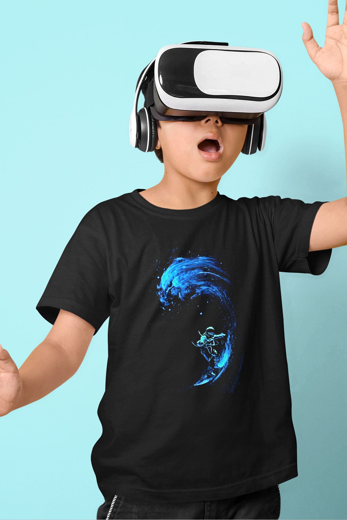 Sörf - Surfing Baskılı Unisex Siyah Çocuk Tİşörtü - Tshirt