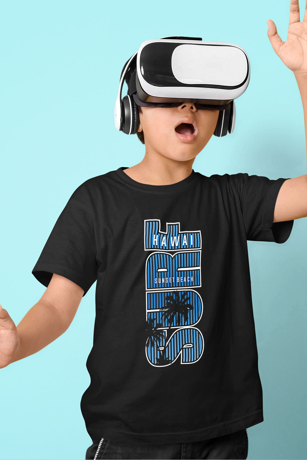 Sörf - Surfing Baskılı Unisex Siyah Çocuk Tİşörtü - Tshirt