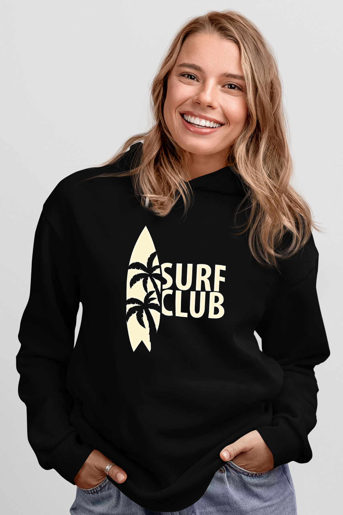 Sörf - Surfing Baskılı Unisex Siyah Kapüşonlu Sweatshirt