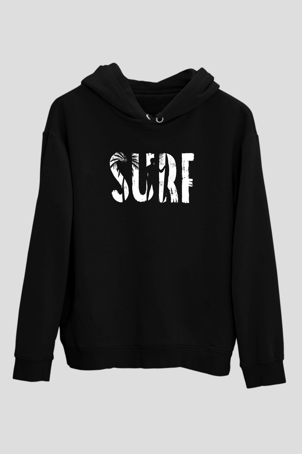 Sörf - Surfing Baskılı Unisex Siyah Kapüşonlu Sweatshirt