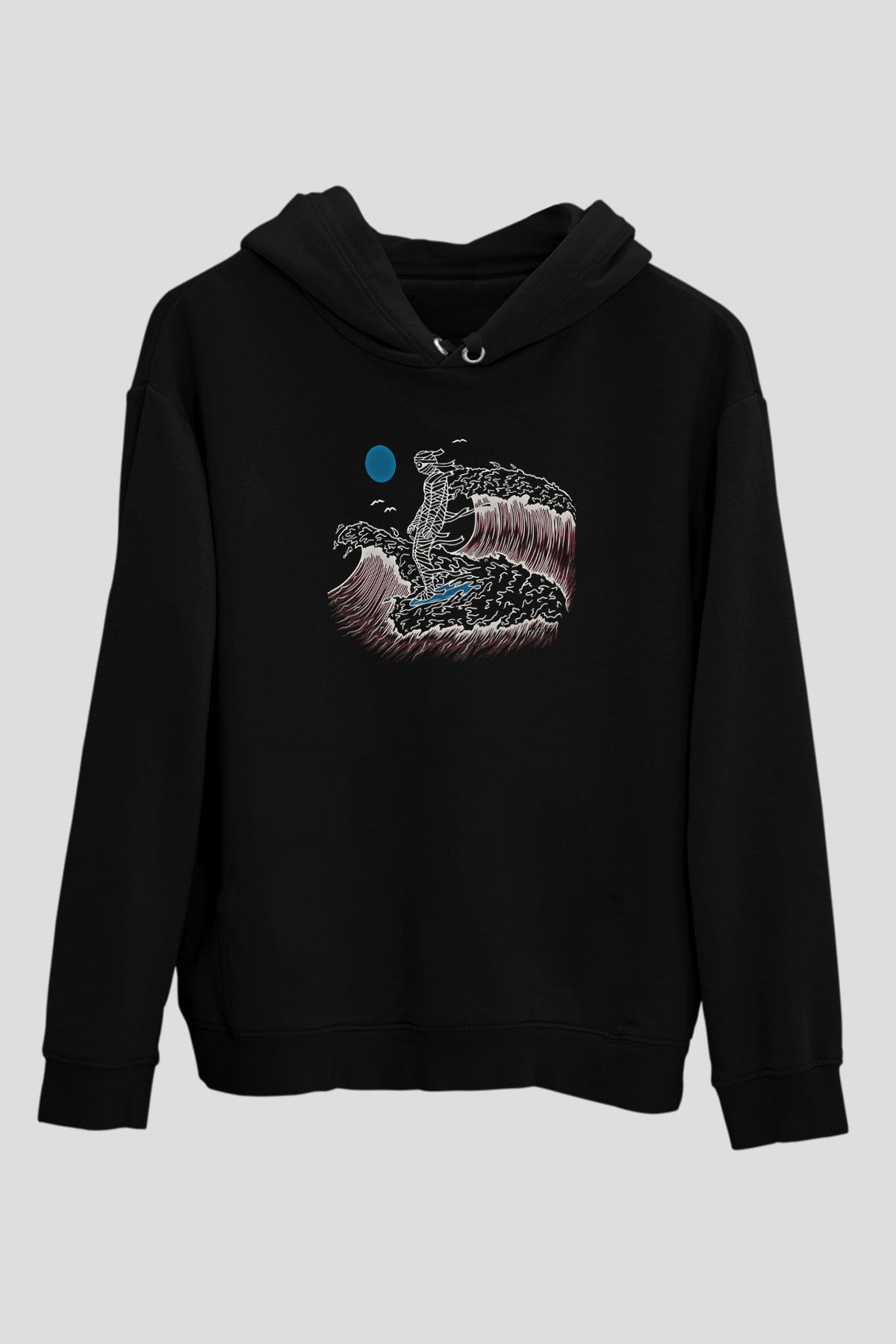 Sörf - Surfing Baskılı Unisex Siyah Kapüşonlu Sweatshirt