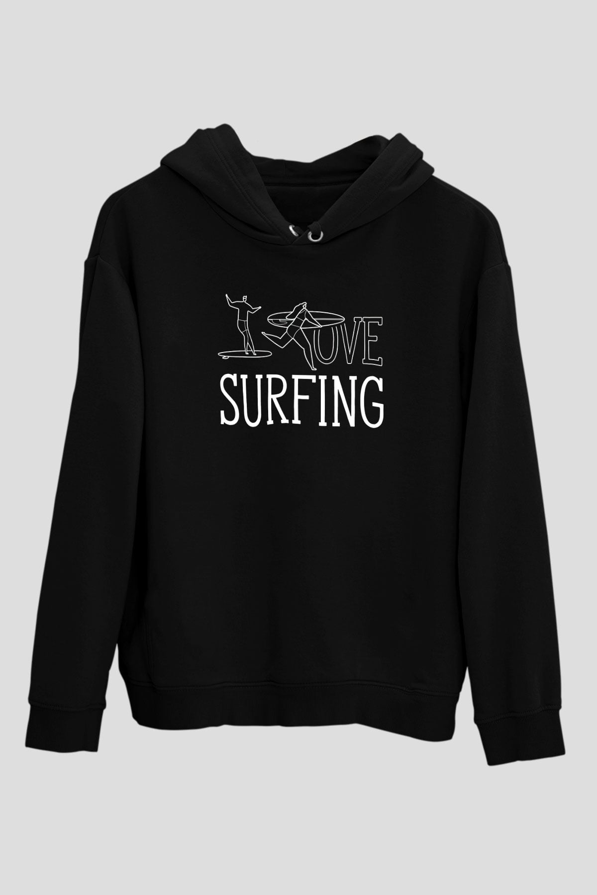 Sörf - Surfing Baskılı Unisex Siyah Kapüşonlu Sweatshirt