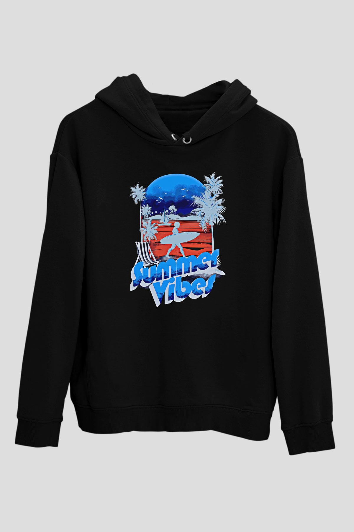 Sörf - Surfing Baskılı Unisex Siyah Kapüşonlu Sweatshirt