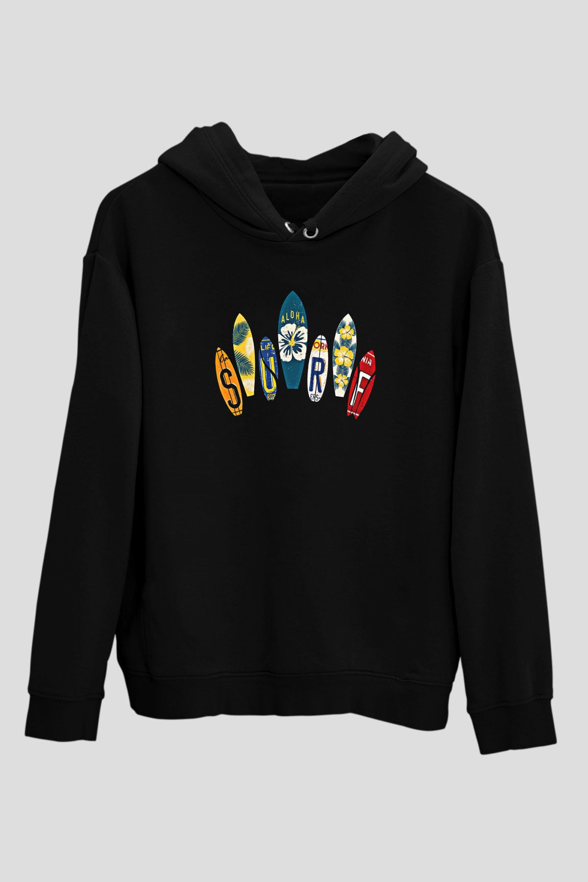 Sörf - Surfing Baskılı Unisex Siyah Kapüşonlu Sweatshirt