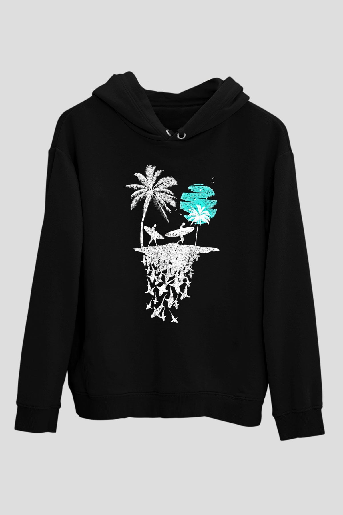 Sörf - Surfing Baskılı Unisex Siyah Kapüşonlu Sweatshirt