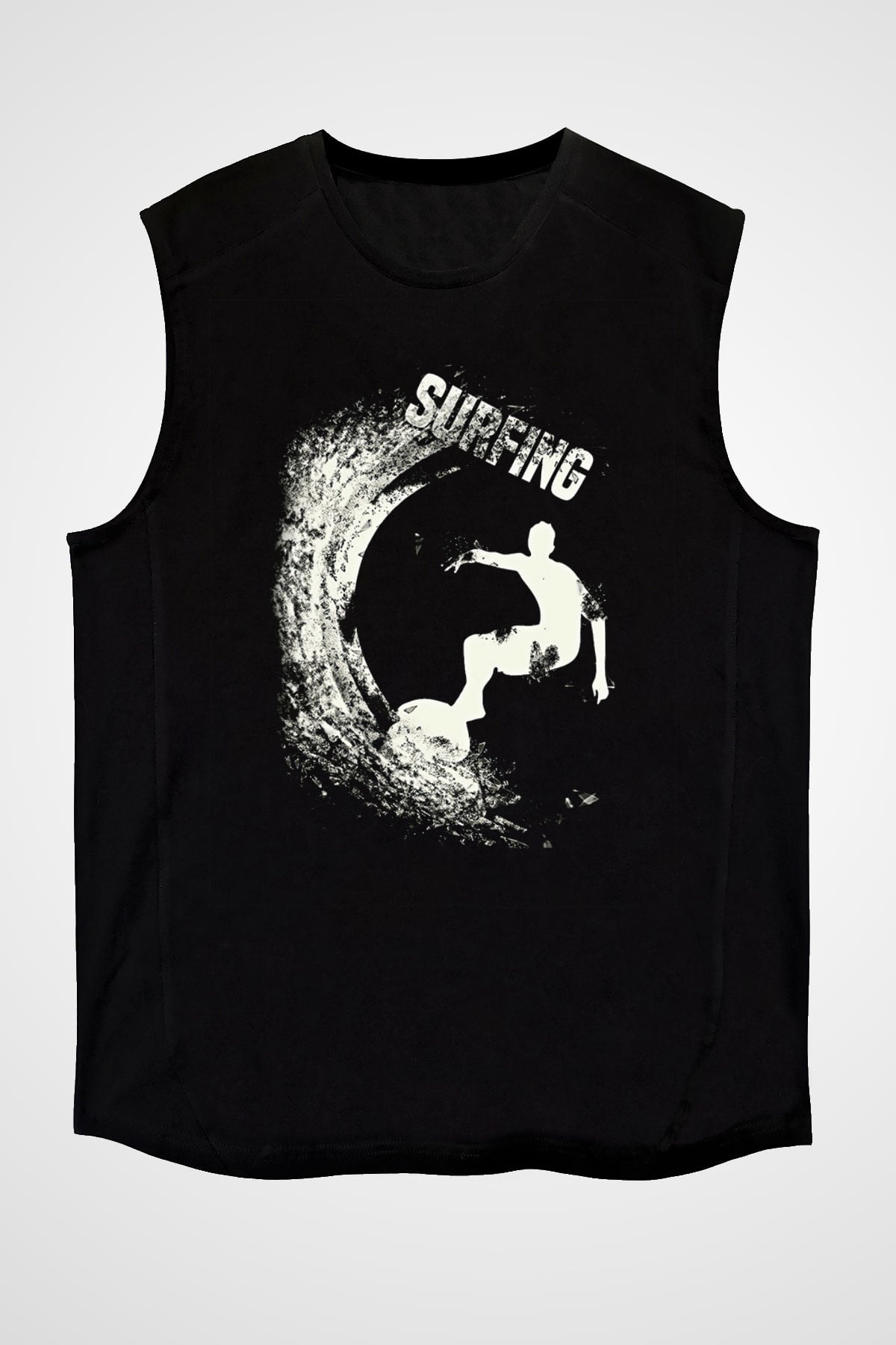Sörf - Surfing Baskılı Unisex Siyah Kolsuz Tişört