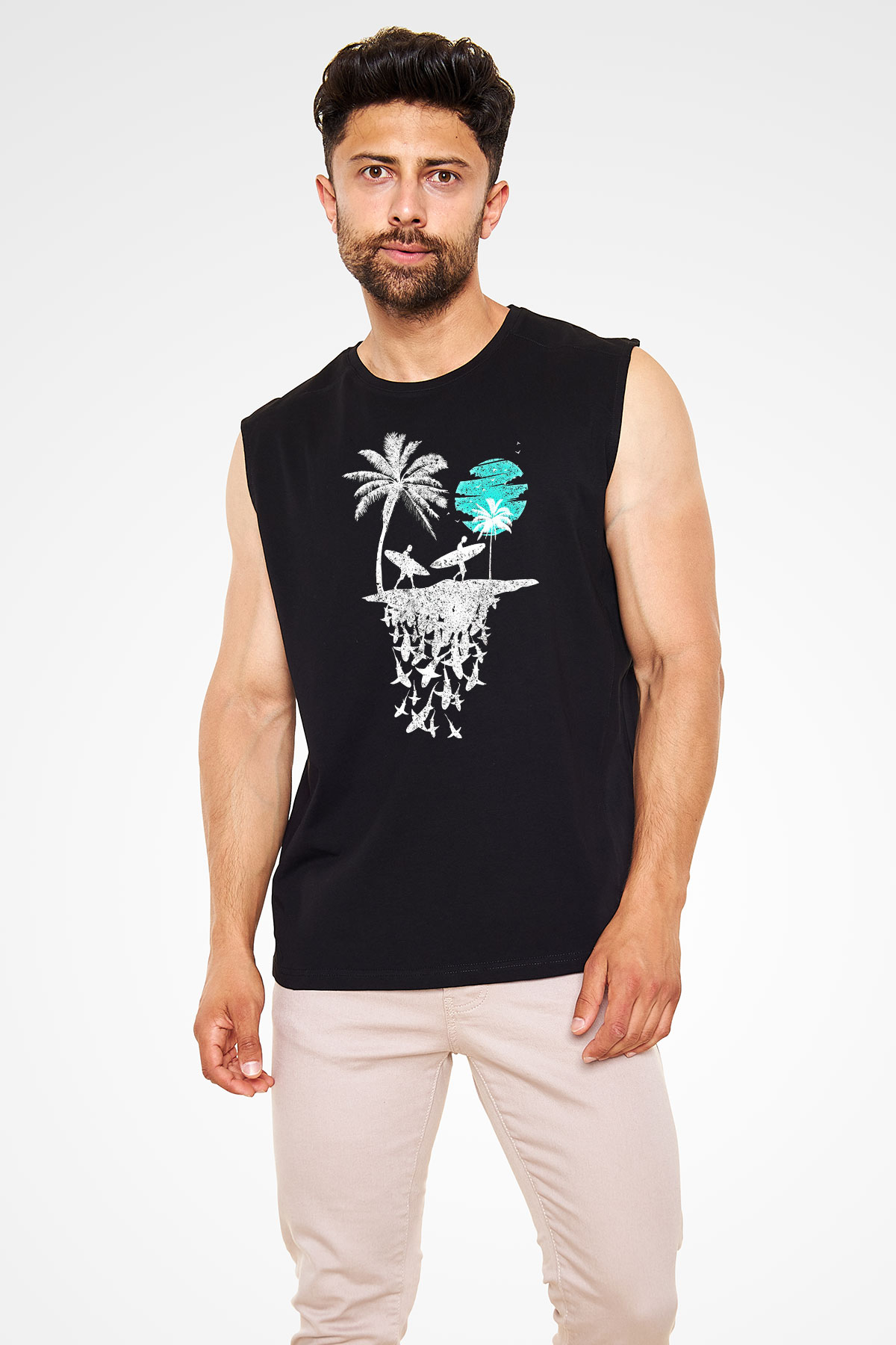 Sörf - Surfing Baskılı Unisex Siyah Kolsuz Tişört