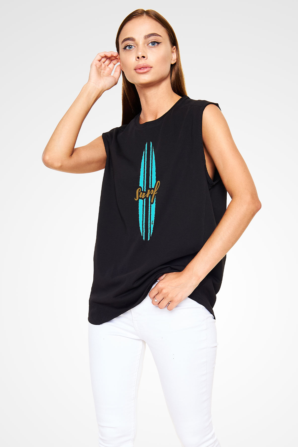 Sörf - Surfing Baskılı Unisex Siyah Kolsuz Tişört