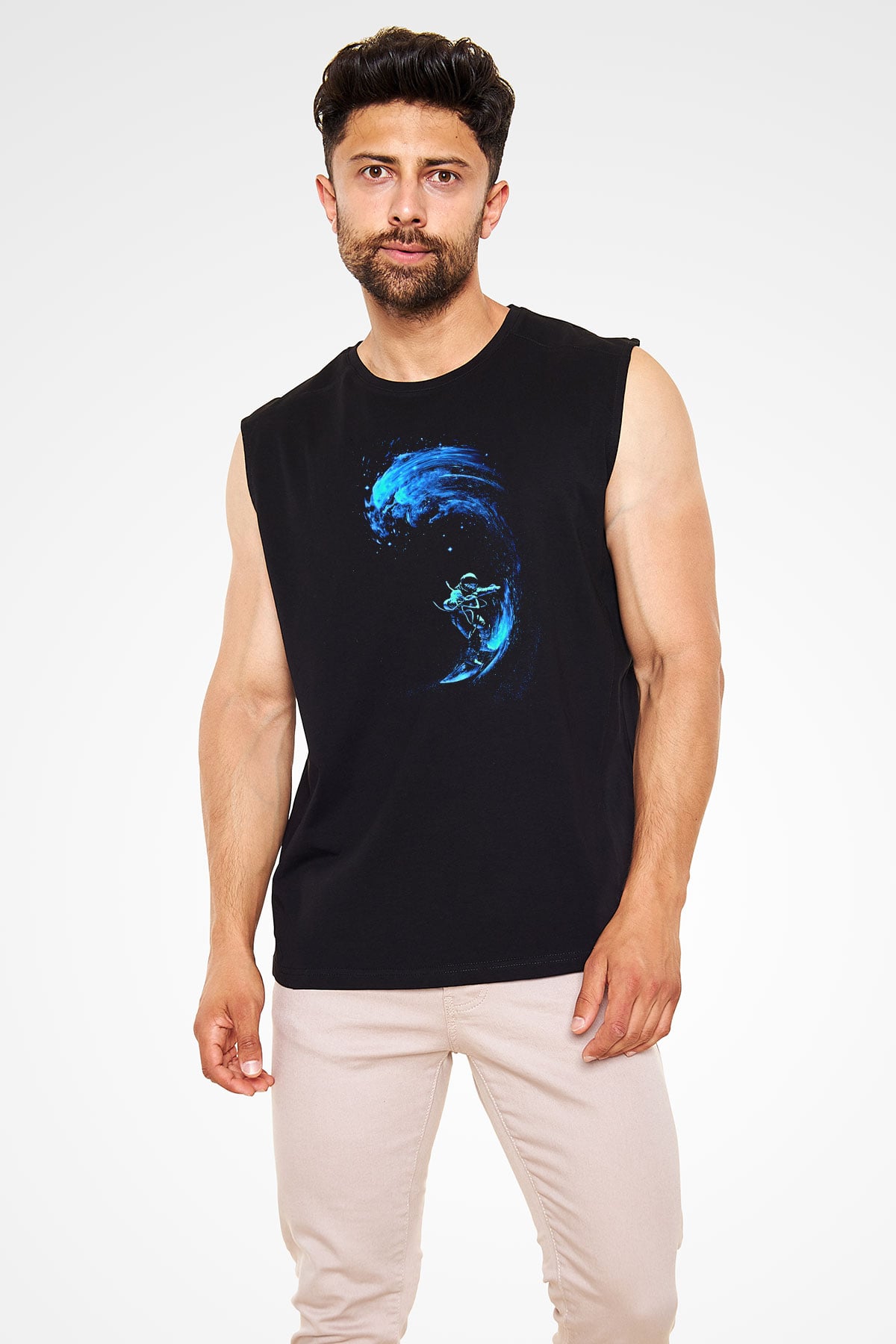 Sörf - Surfing Baskılı Unisex Siyah Kolsuz Tişört