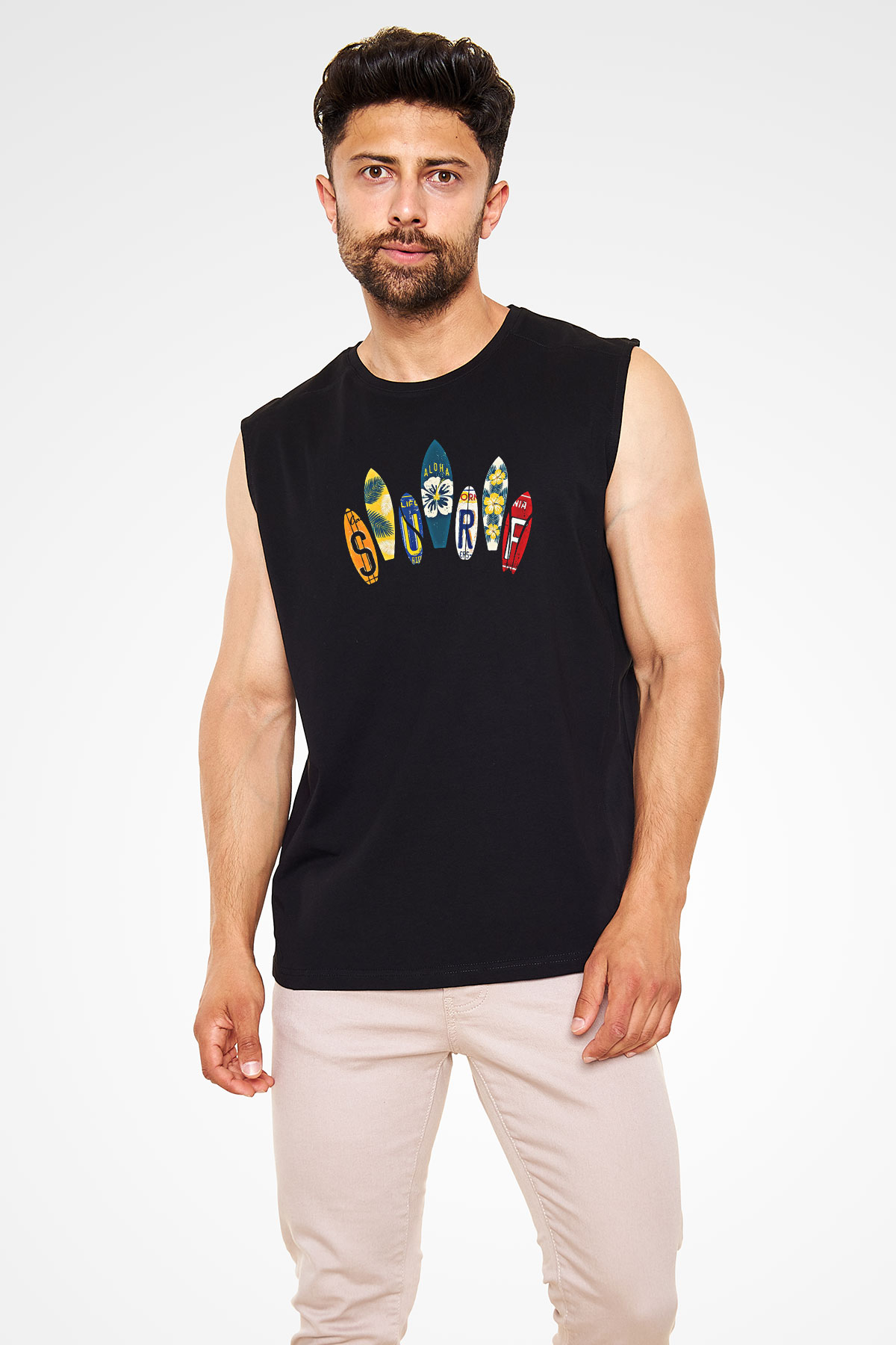 Sörf - Surfing Baskılı Unisex Siyah Kolsuz Tişört