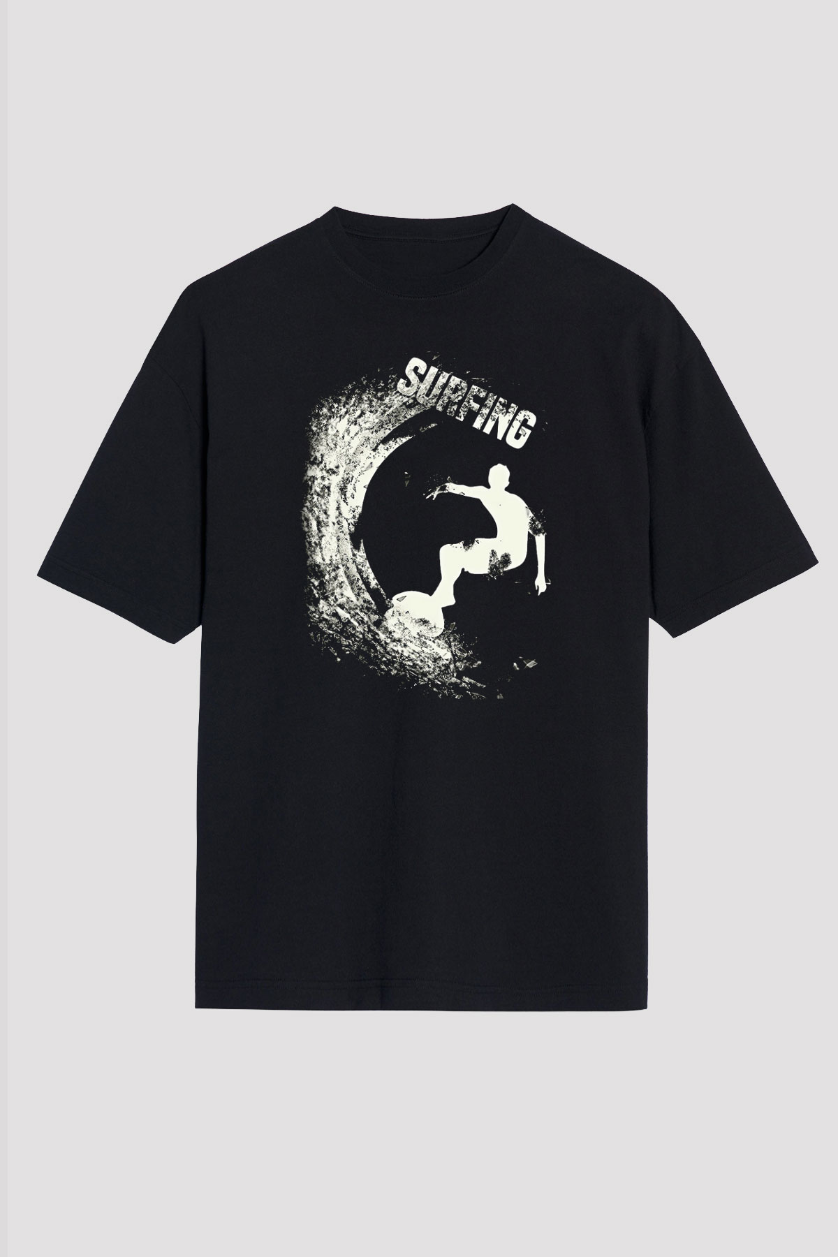 Sörf - Surfing Baskılı Unisex Siyah Oversize Tişört