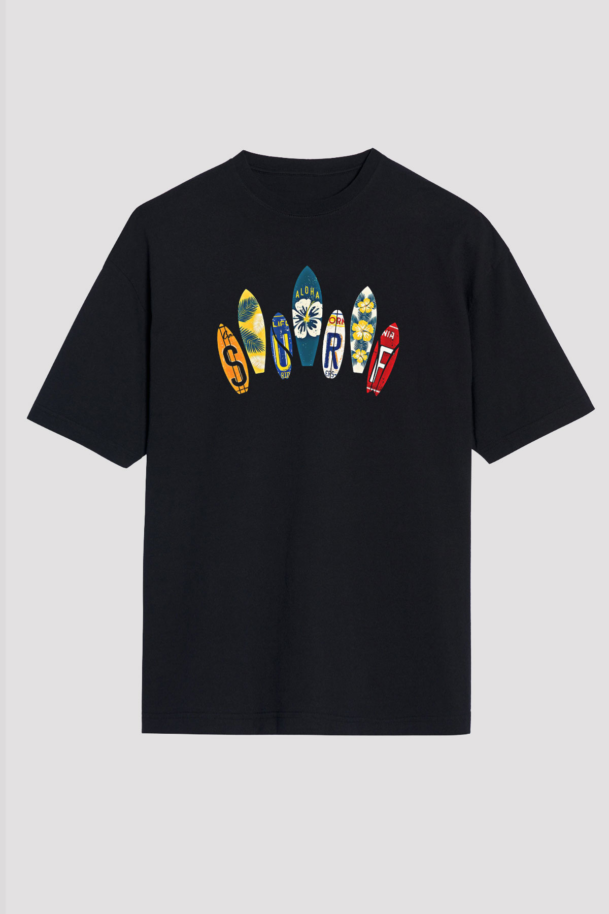 Sörf - Surfing Baskılı Unisex Siyah Oversize Tişört