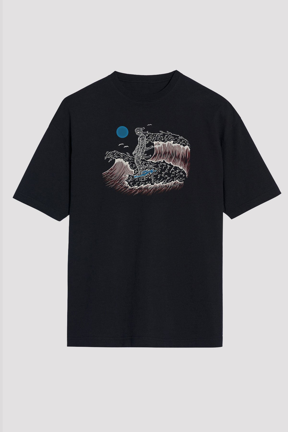 Sörf - Surfing Baskılı Unisex Siyah Oversize Tişört