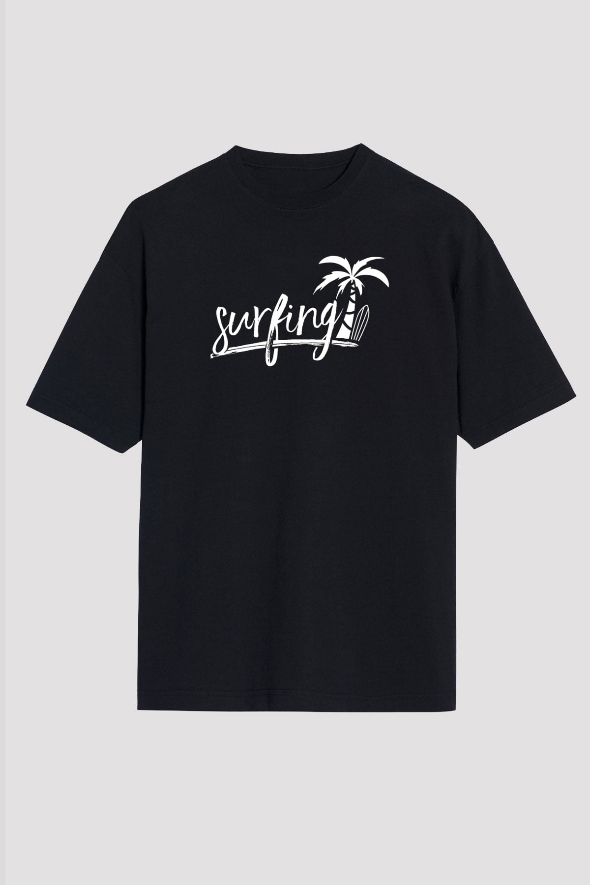 Sörf - Surfing Baskılı Unisex Siyah Oversize Tişört