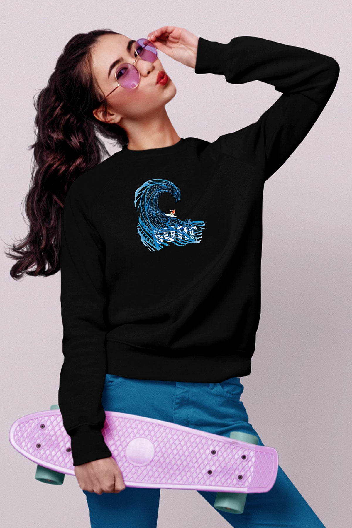 Sörf - Surfing Baskılı Unisex Siyah Sweatshirt