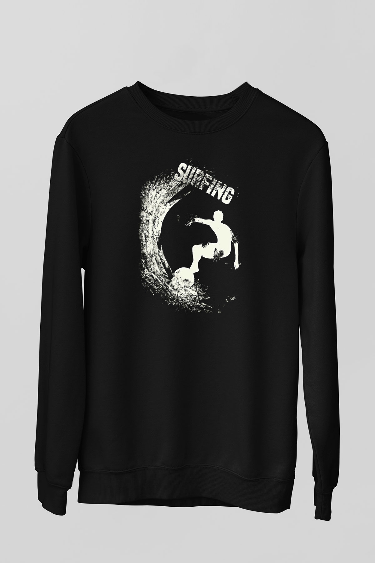 Sörf - Surfing Baskılı Unisex Siyah Sweatshirt