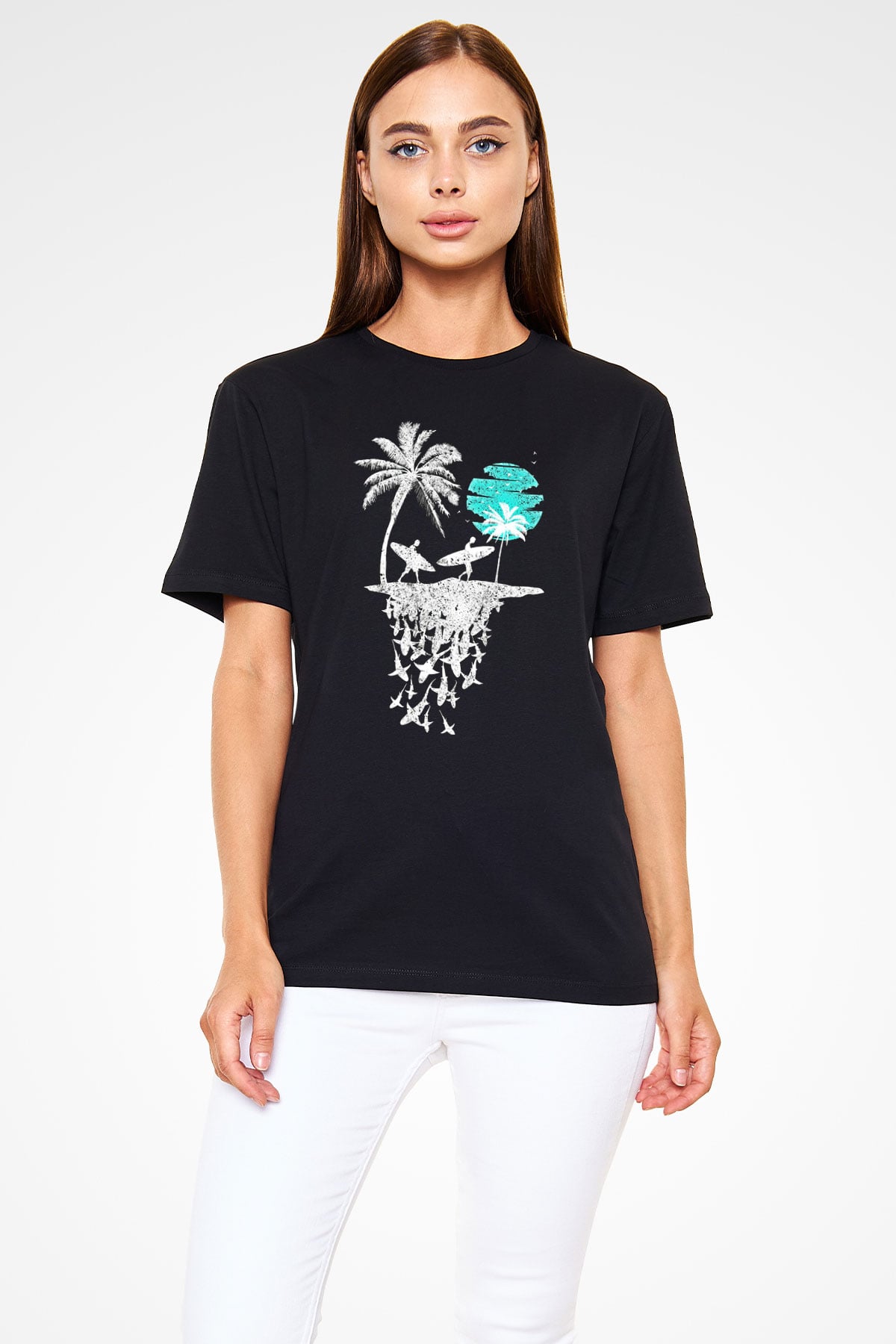 Sörf - Surfing Baskılı Unisex Siyah Tişört - Tshirt