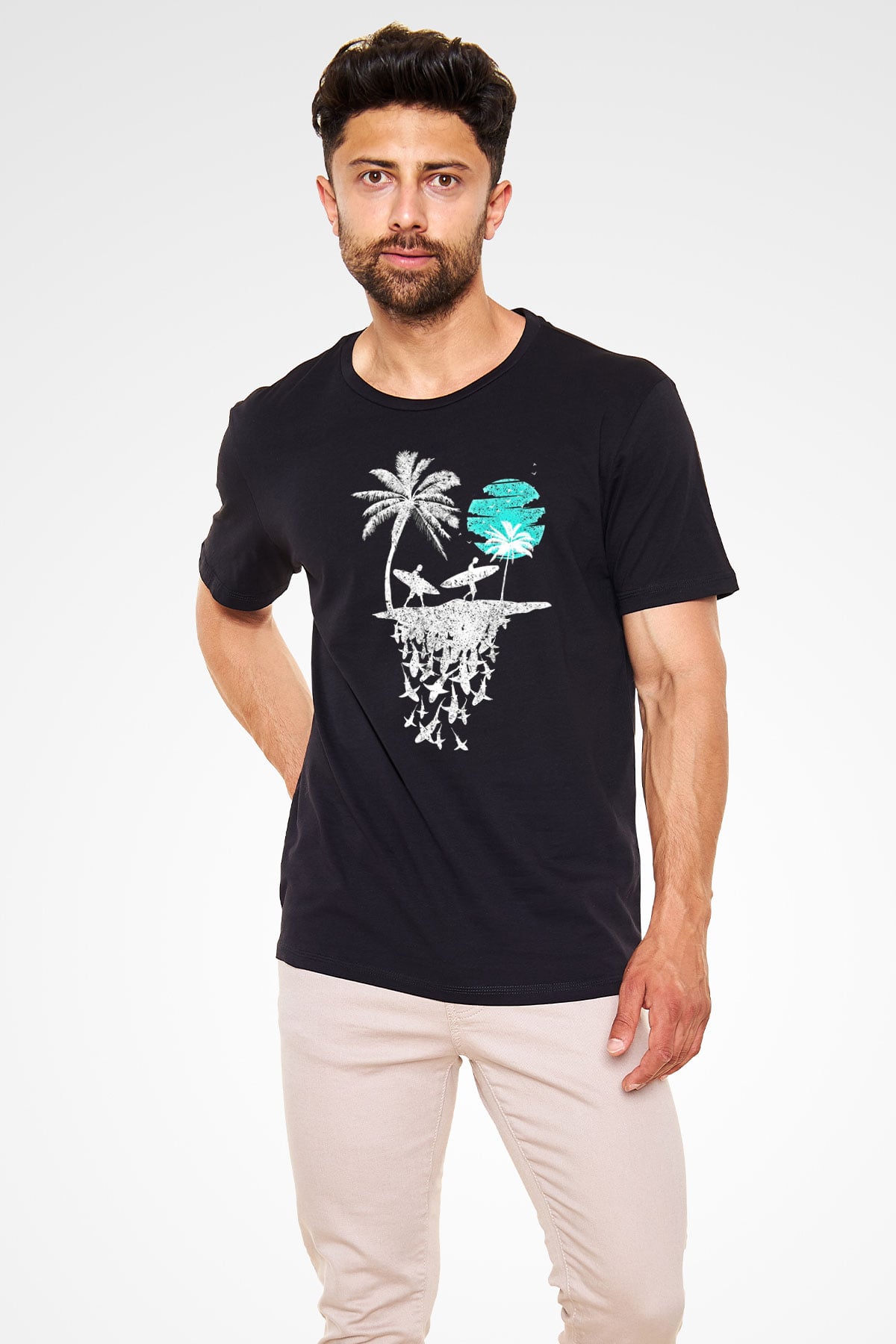 Sörf - Surfing Baskılı Unisex Siyah Tişört - Tshirt