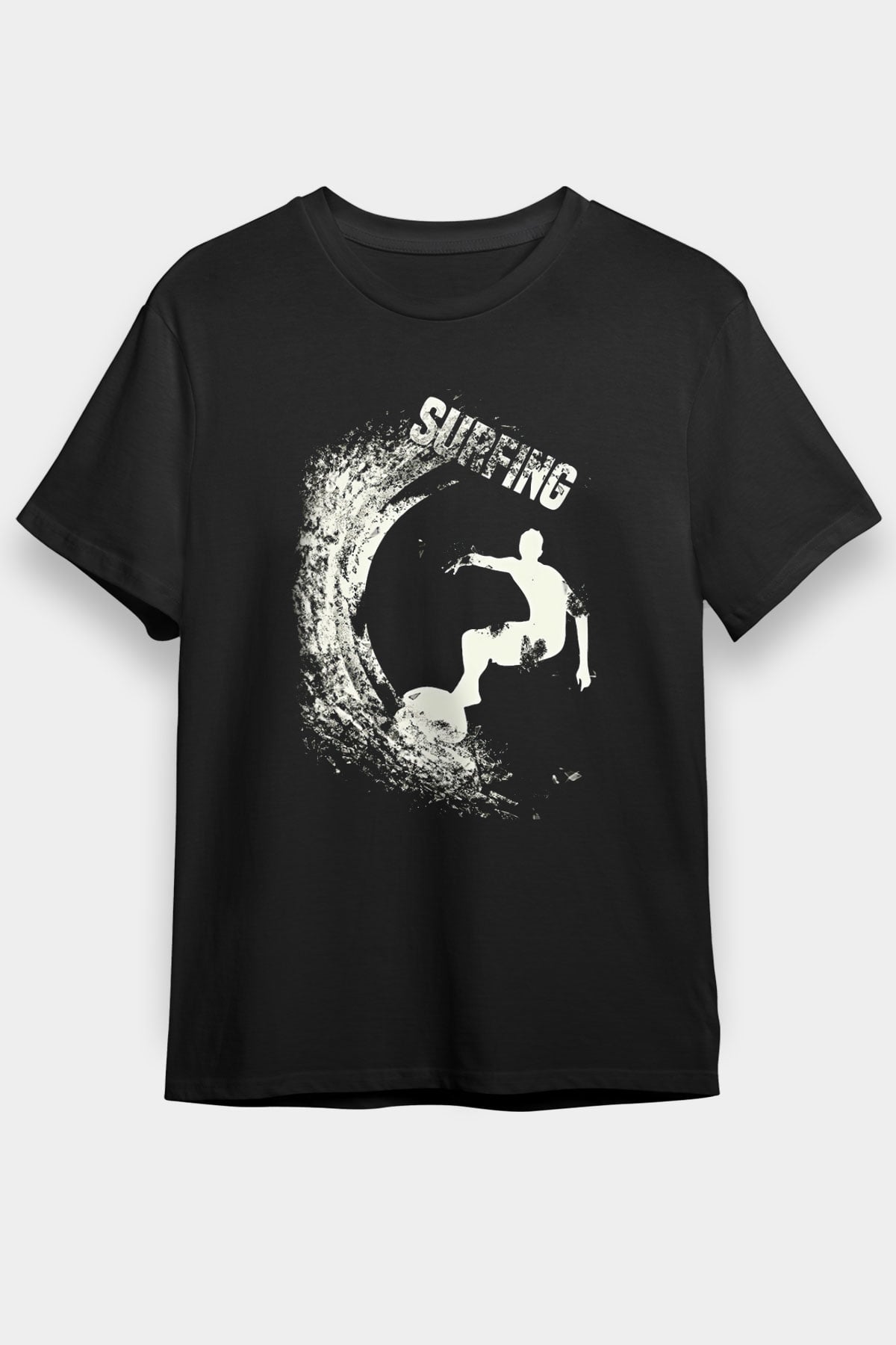 Sörf - Surfing Baskılı Unisex Siyah Tişört - Tshirt