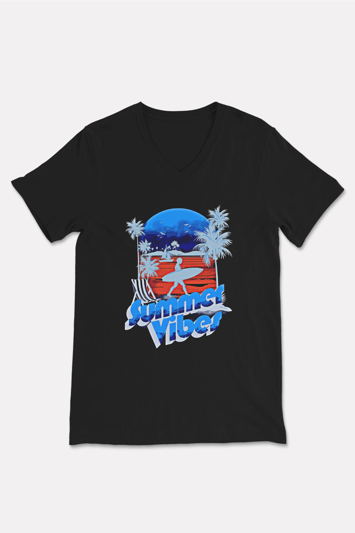 Sörf - Surfing Baskılı Unisex Siyah V Yaka Tişört