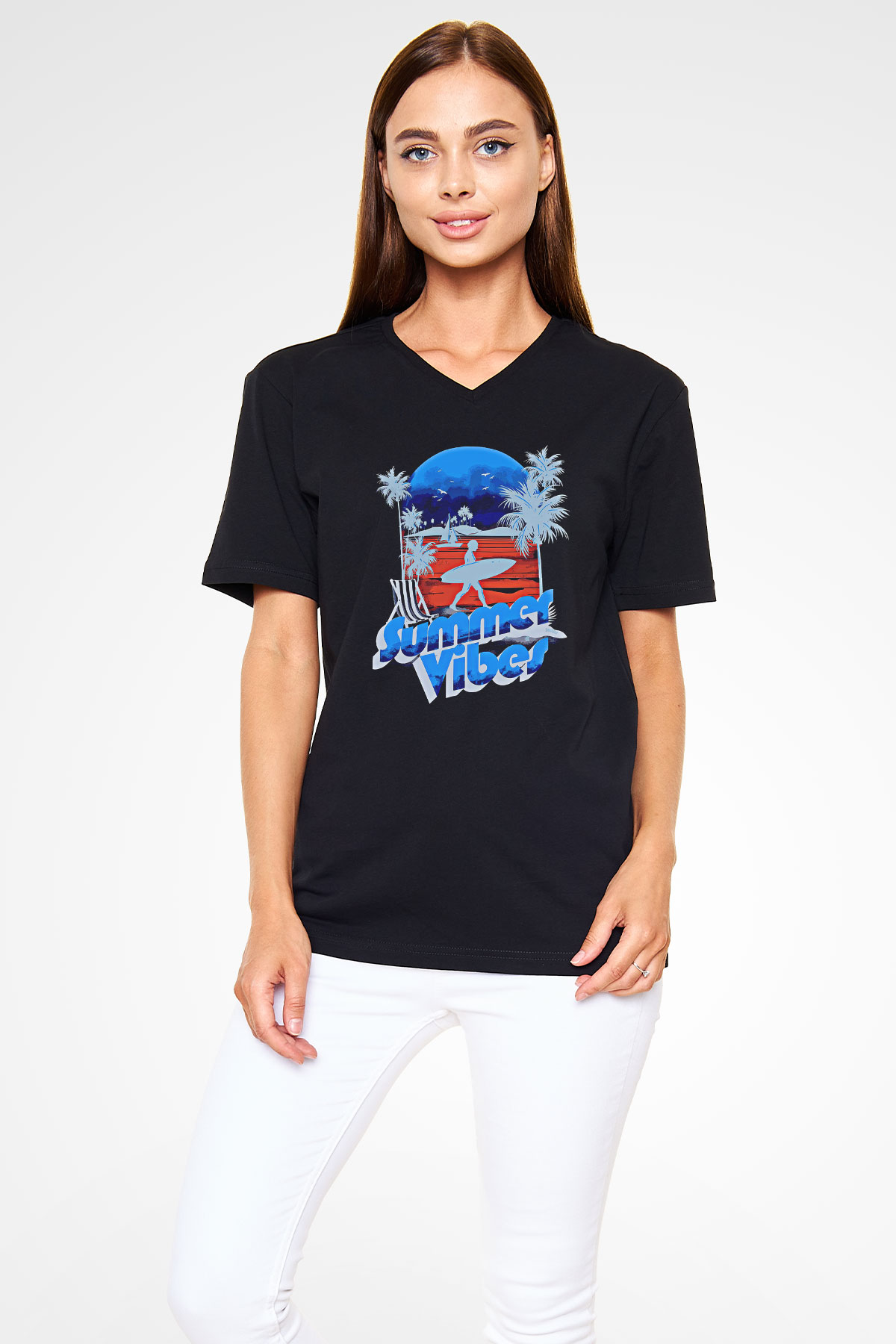 Sörf - Surfing Baskılı Unisex Siyah V Yaka Tişört