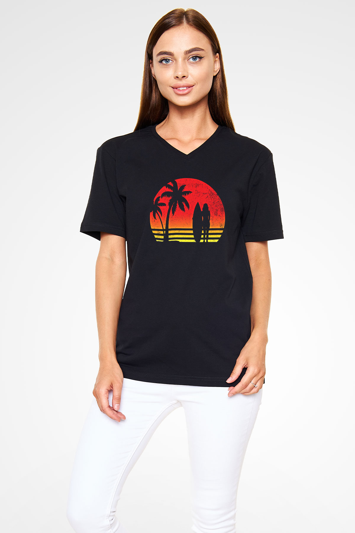 Sörf - Surfing Baskılı Unisex Siyah V Yaka Tişört