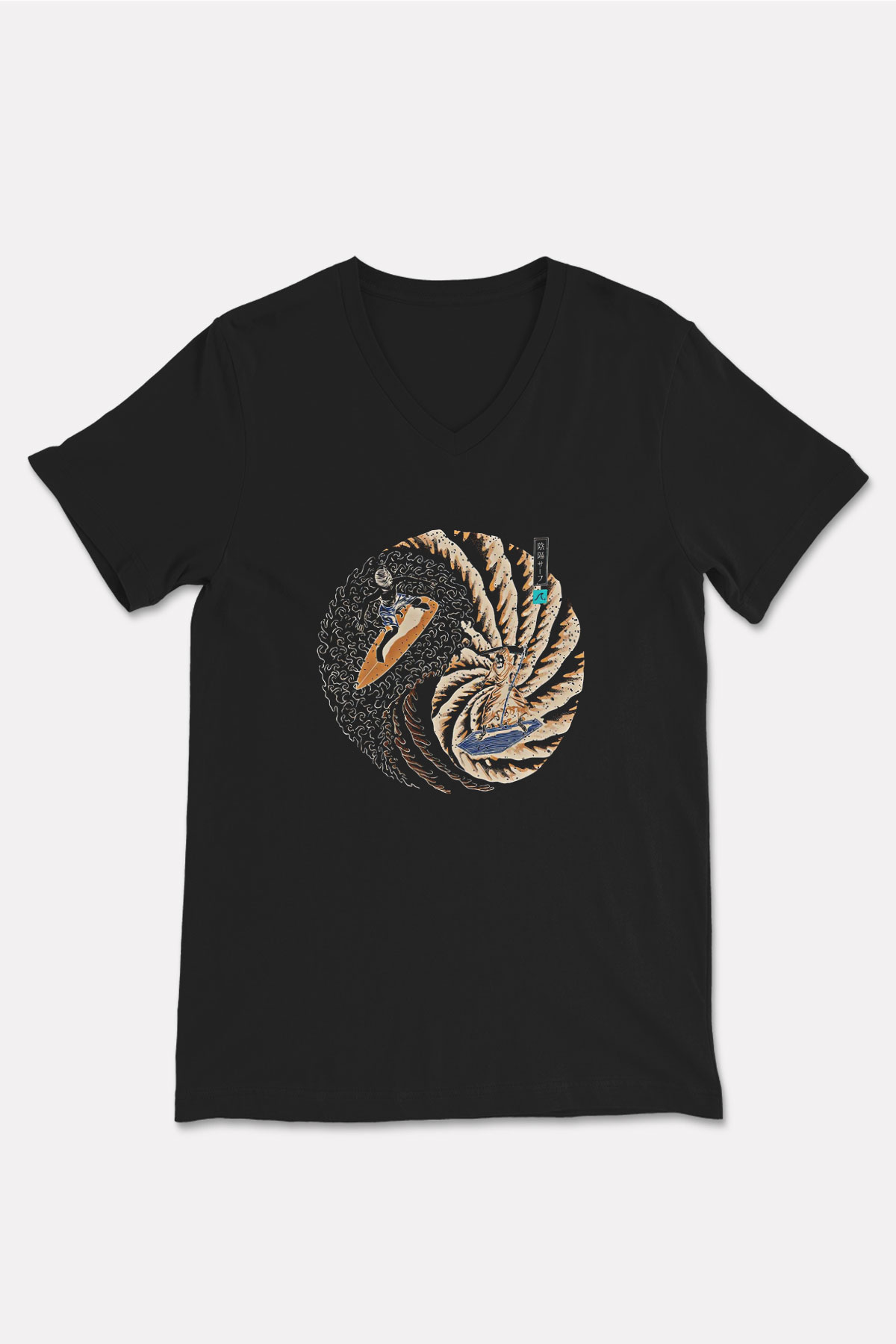 Sörf - Surfing Baskılı Unisex Siyah V Yaka Tişört