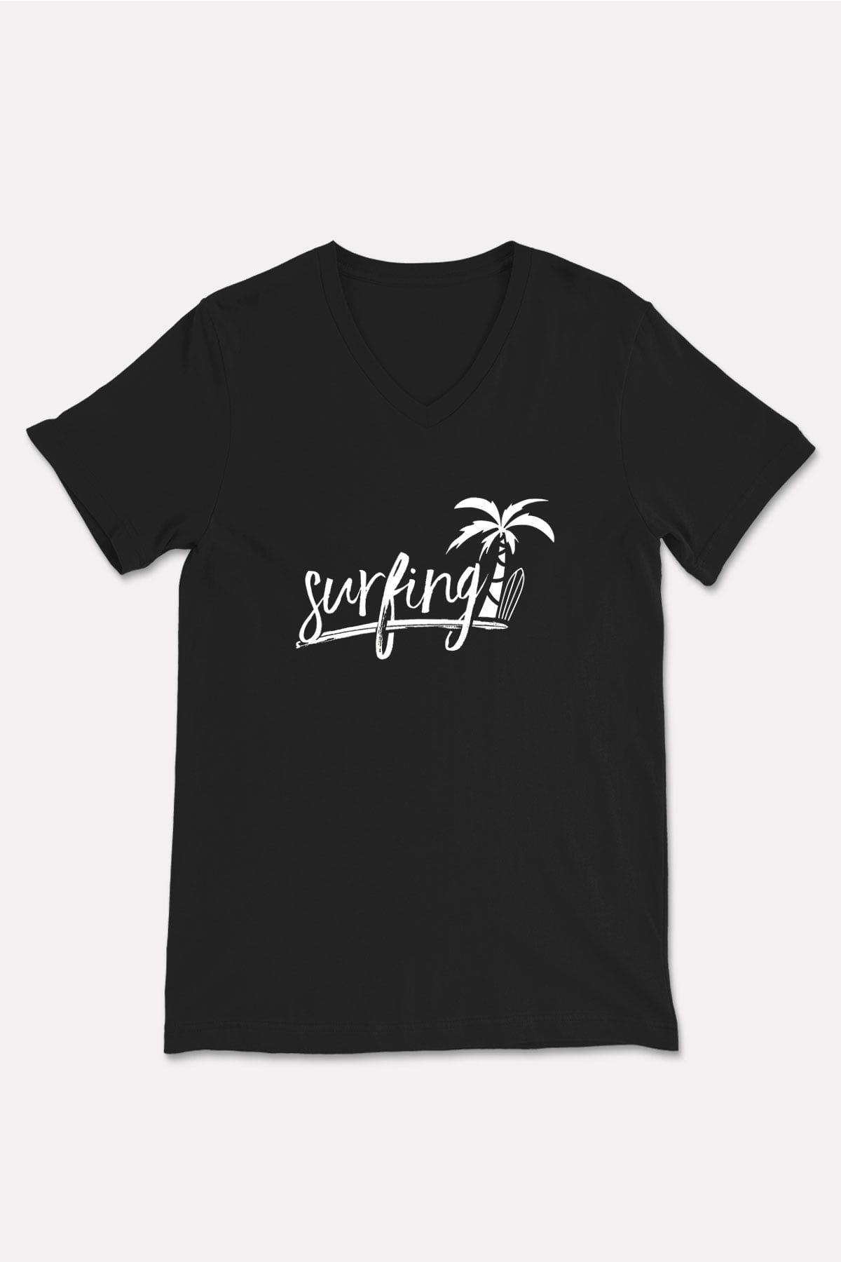 Sörf - Surfing Baskılı Unisex Siyah V Yaka Tişört