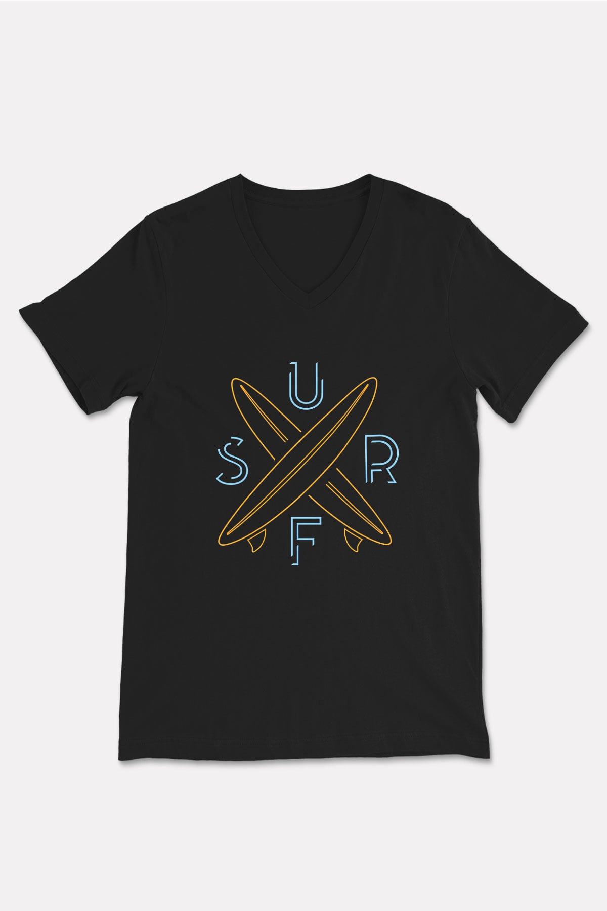 Sörf - Surfing Baskılı Unisex Siyah V Yaka Tişört