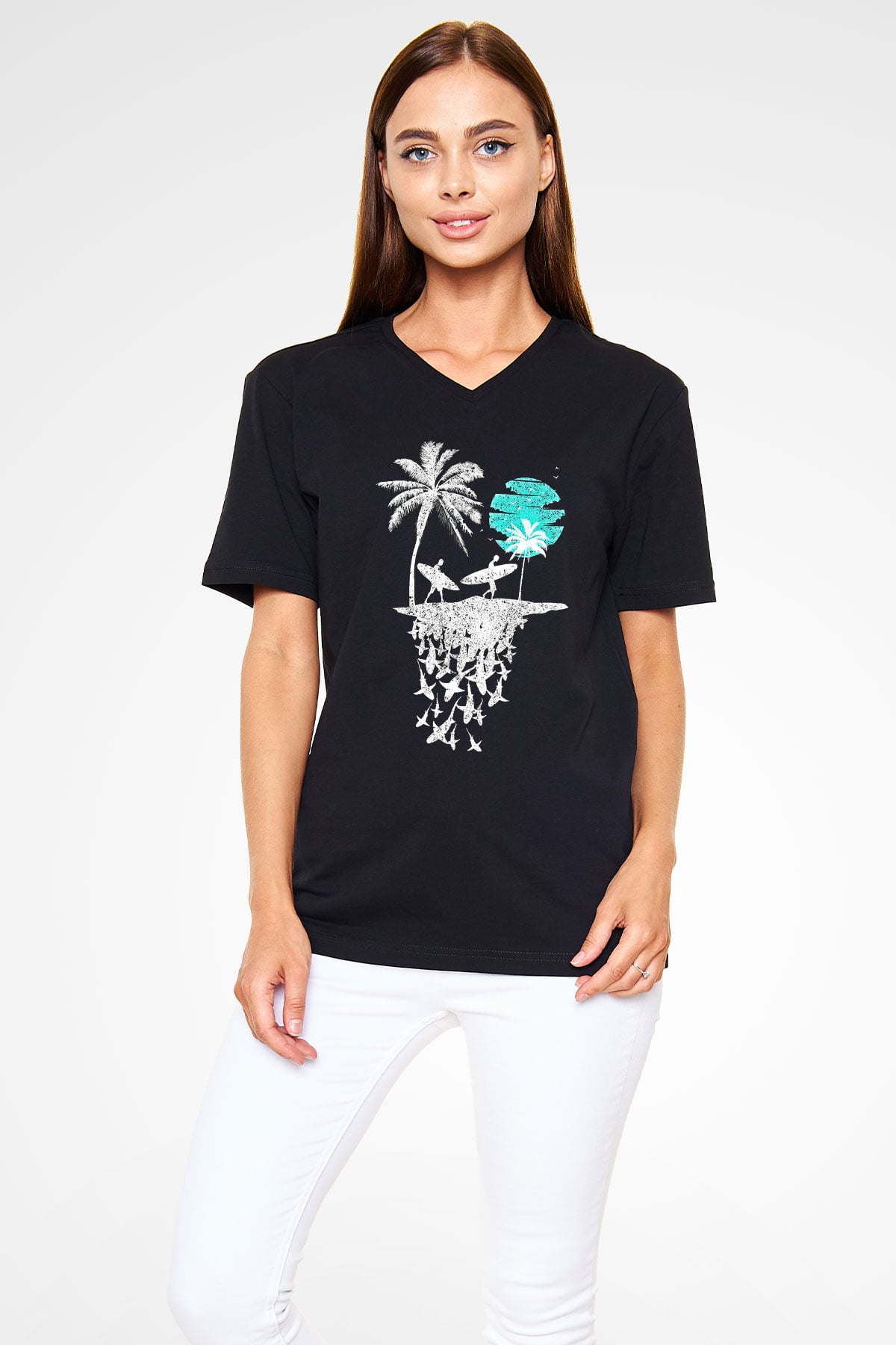 Sörf - Surfing Baskılı Unisex Siyah V Yaka Tişört