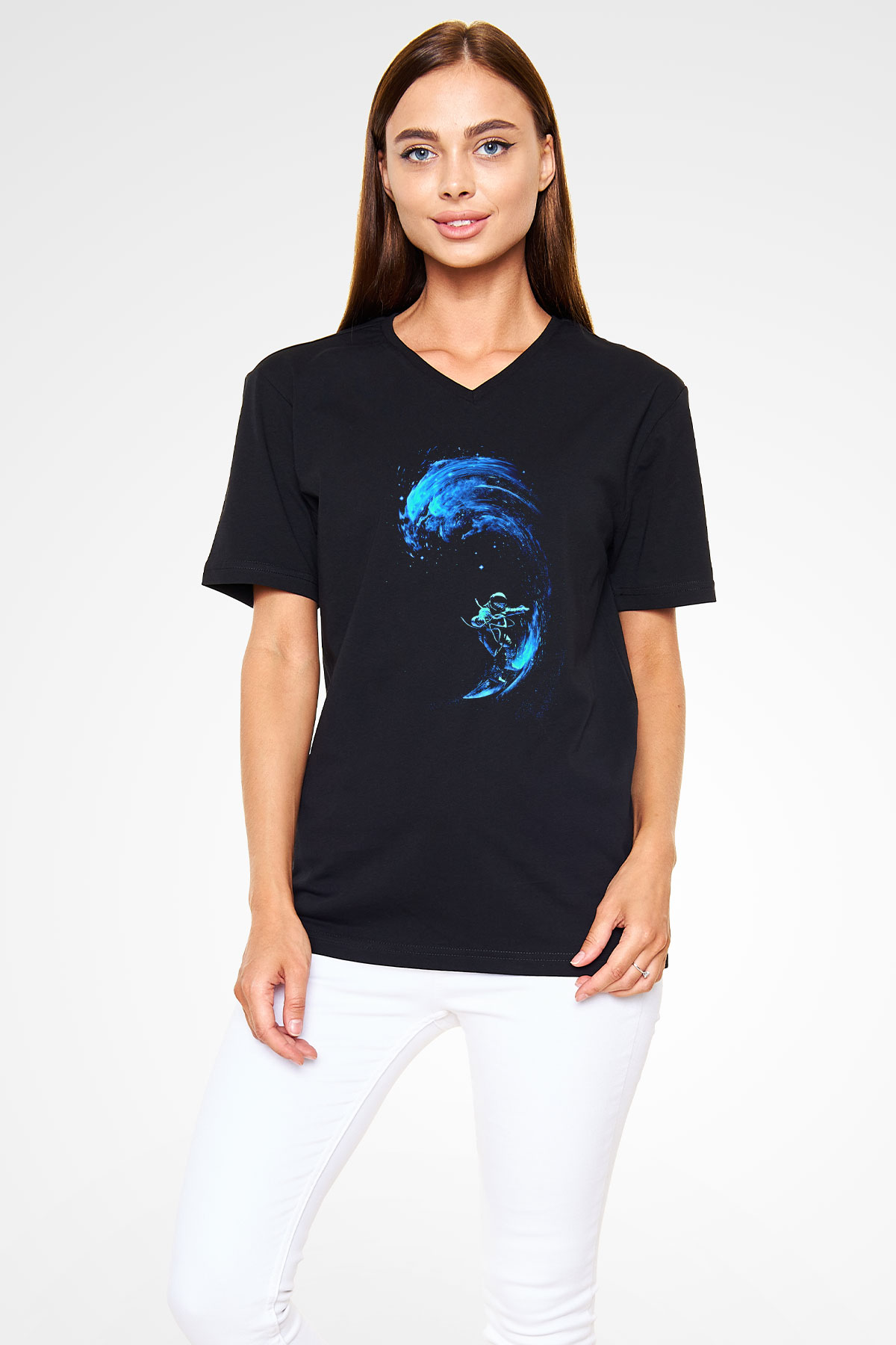 Sörf - Surfing Baskılı Unisex Siyah V Yaka Tişört