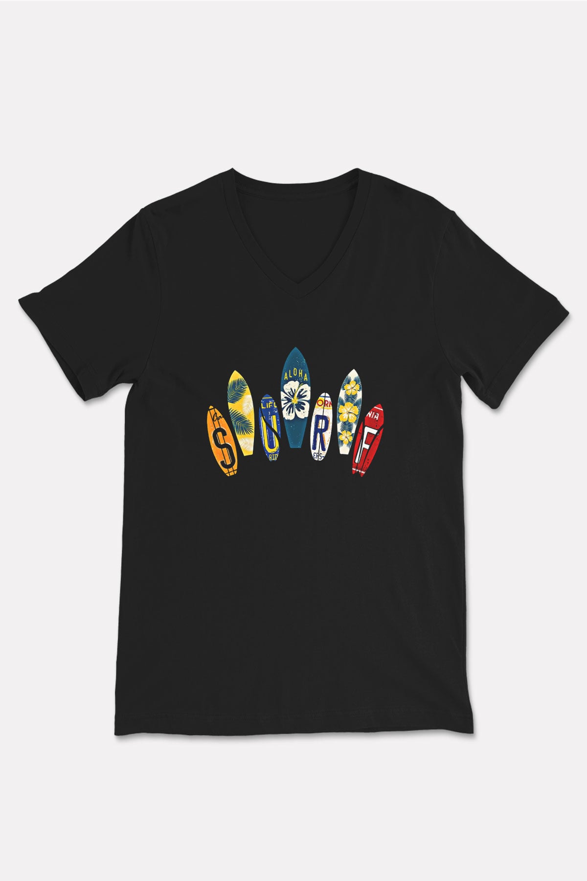 Sörf - Surfing Baskılı Unisex Siyah V Yaka Tişört