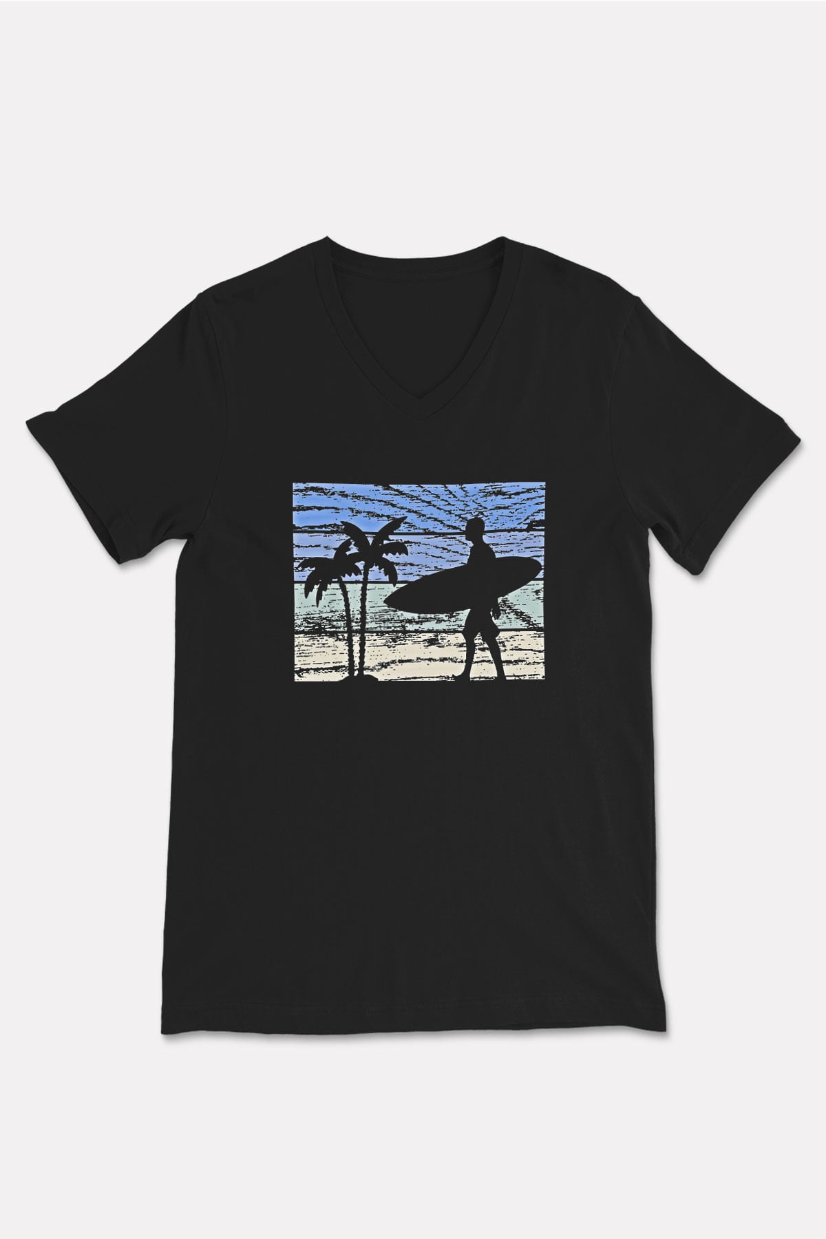 Sörf - Surfing Baskılı Unisex Siyah V Yaka Tişört
