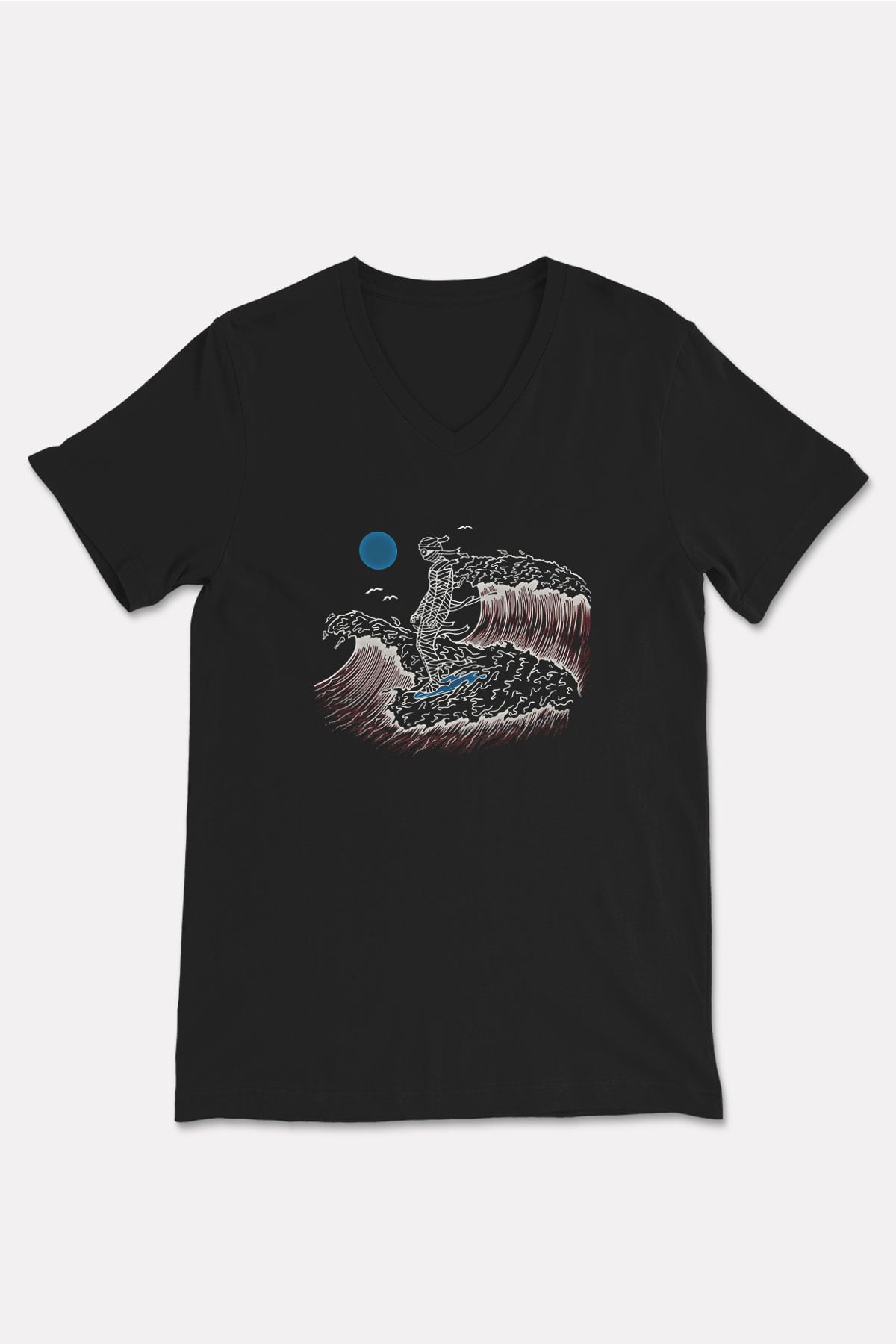 Sörf - Surfing Baskılı Unisex Siyah V Yaka Tişört