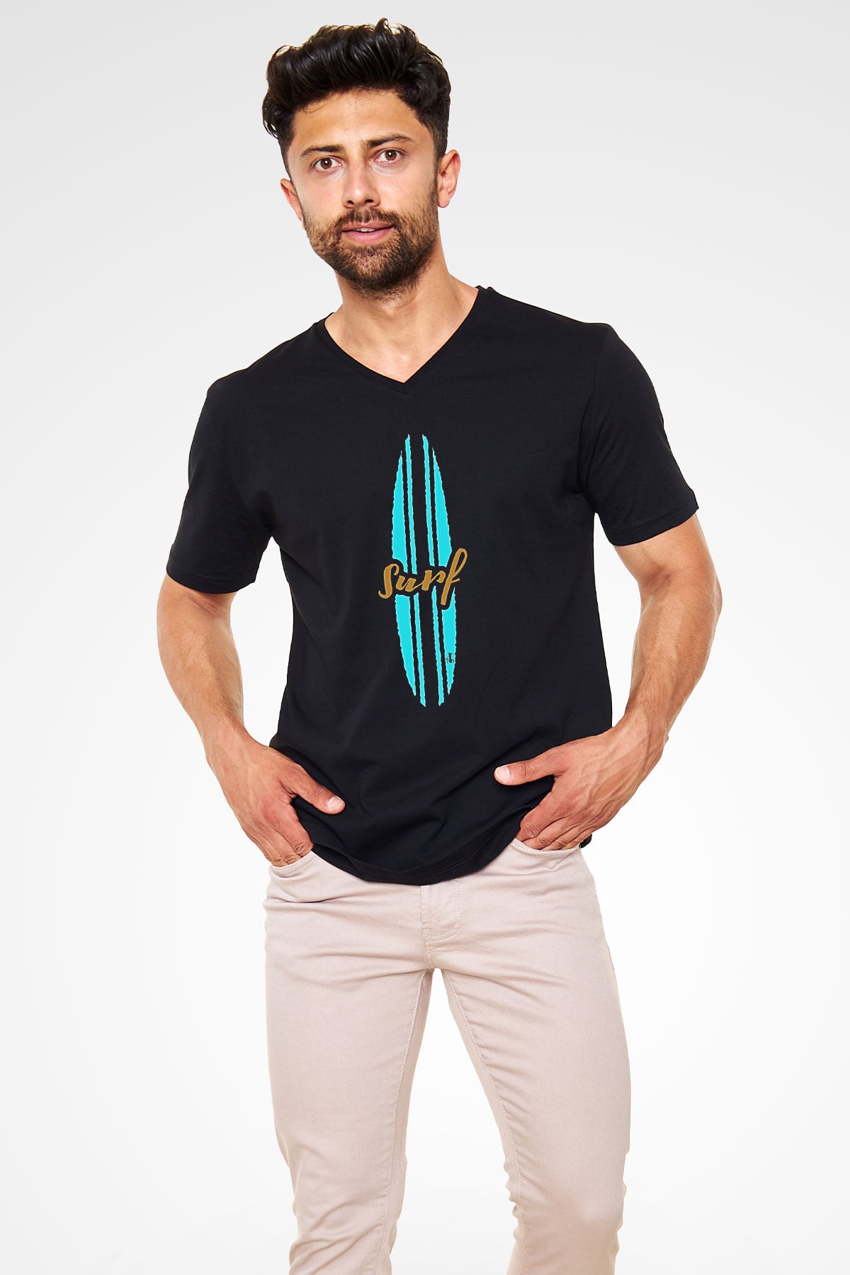 Sörf - Surfing Baskılı Unisex Siyah V Yaka Tişört