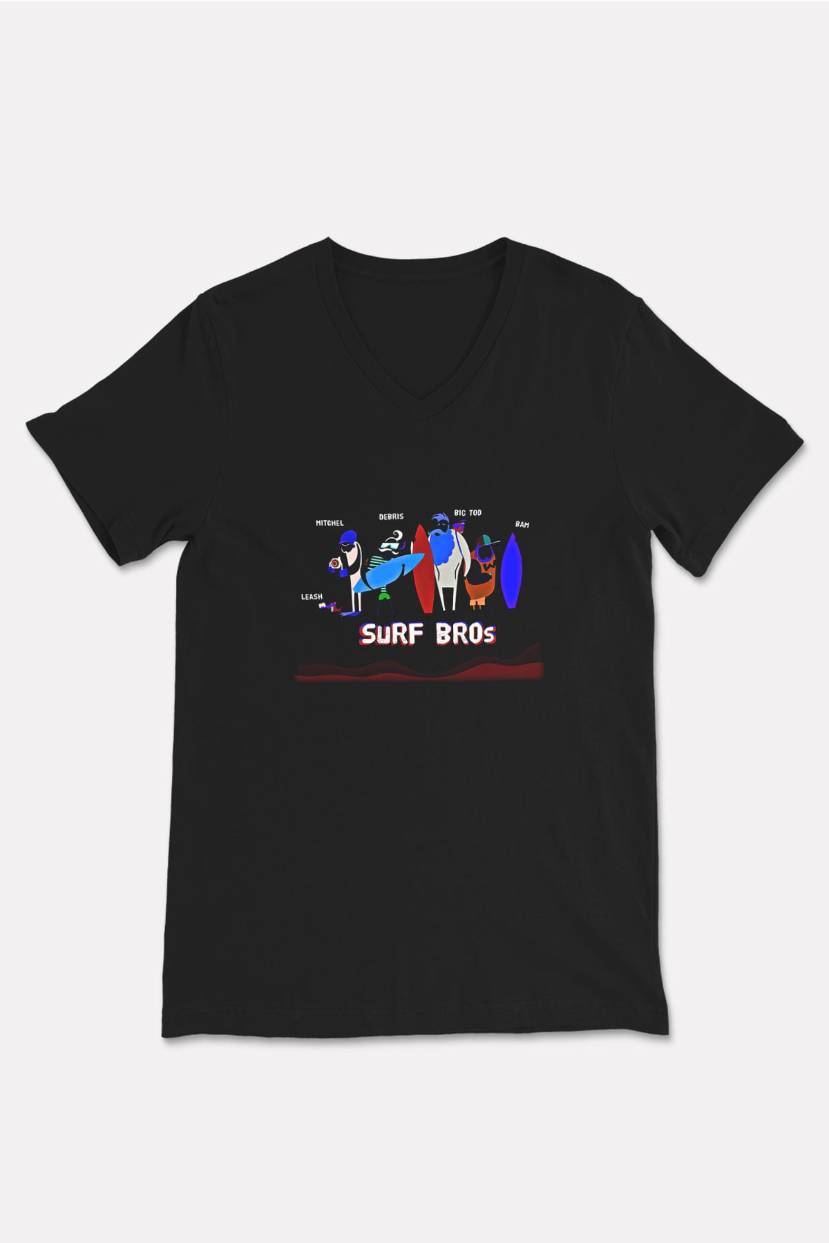 Sörf - Surfing Baskılı Unisex Siyah V Yaka Tişört