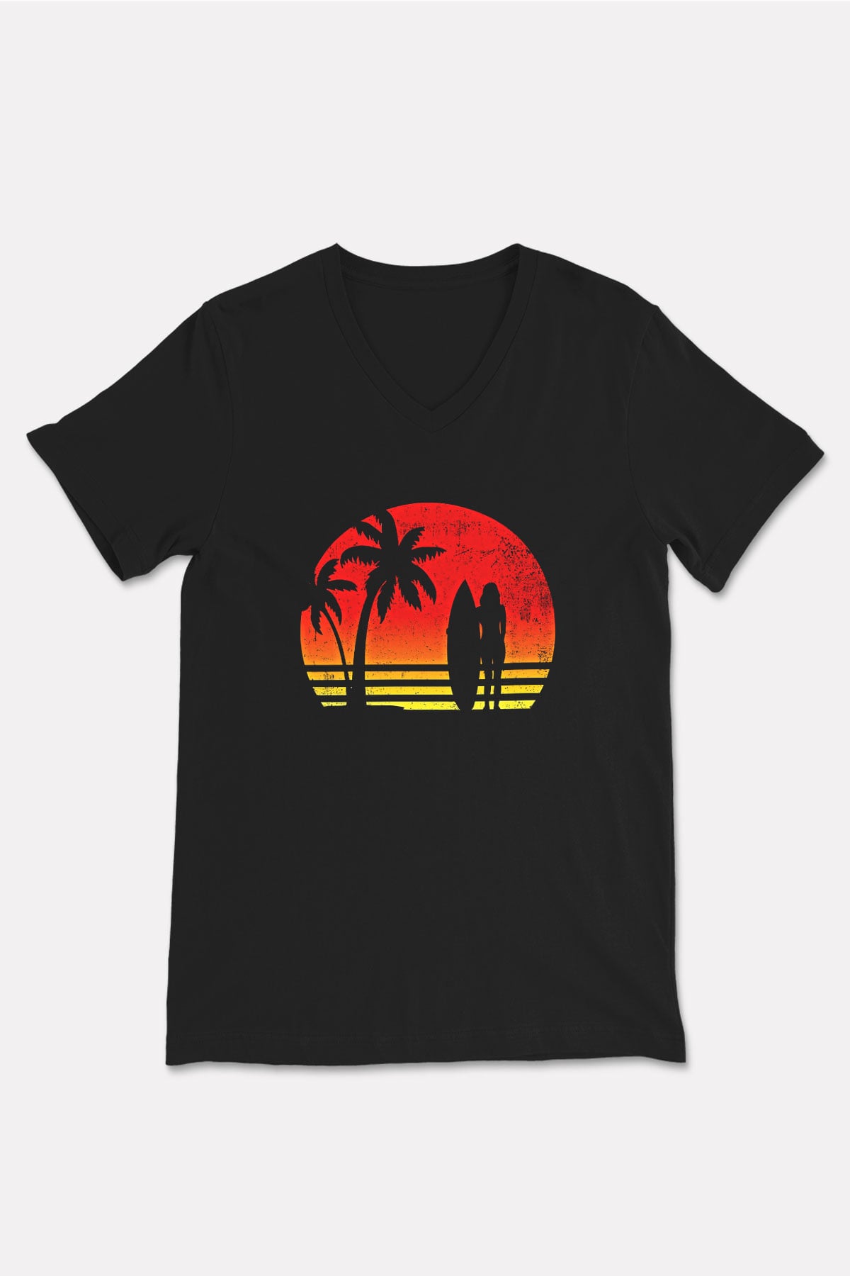 Sörf - Surfing Baskılı Unisex Siyah V Yaka Tişört