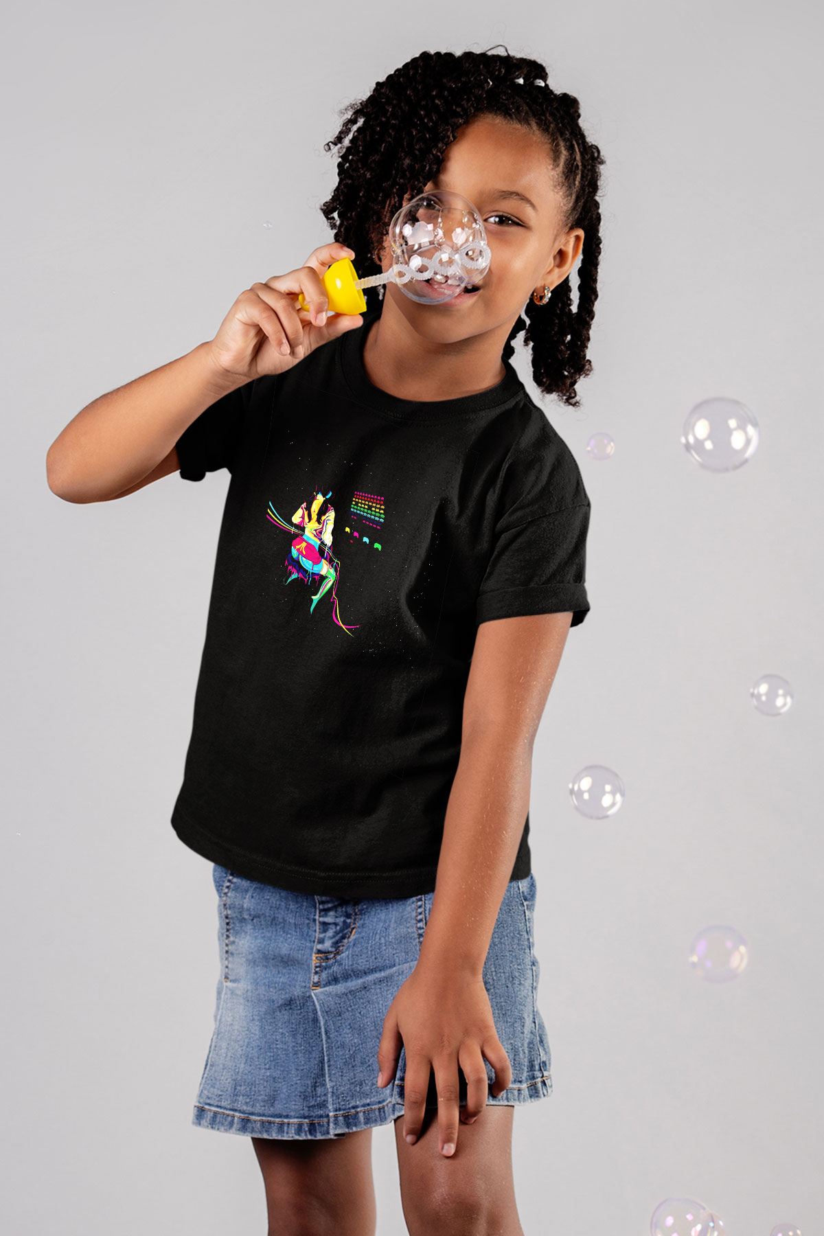 Space Invaders Baskılı Siyah Unisex Çocuk Tişört