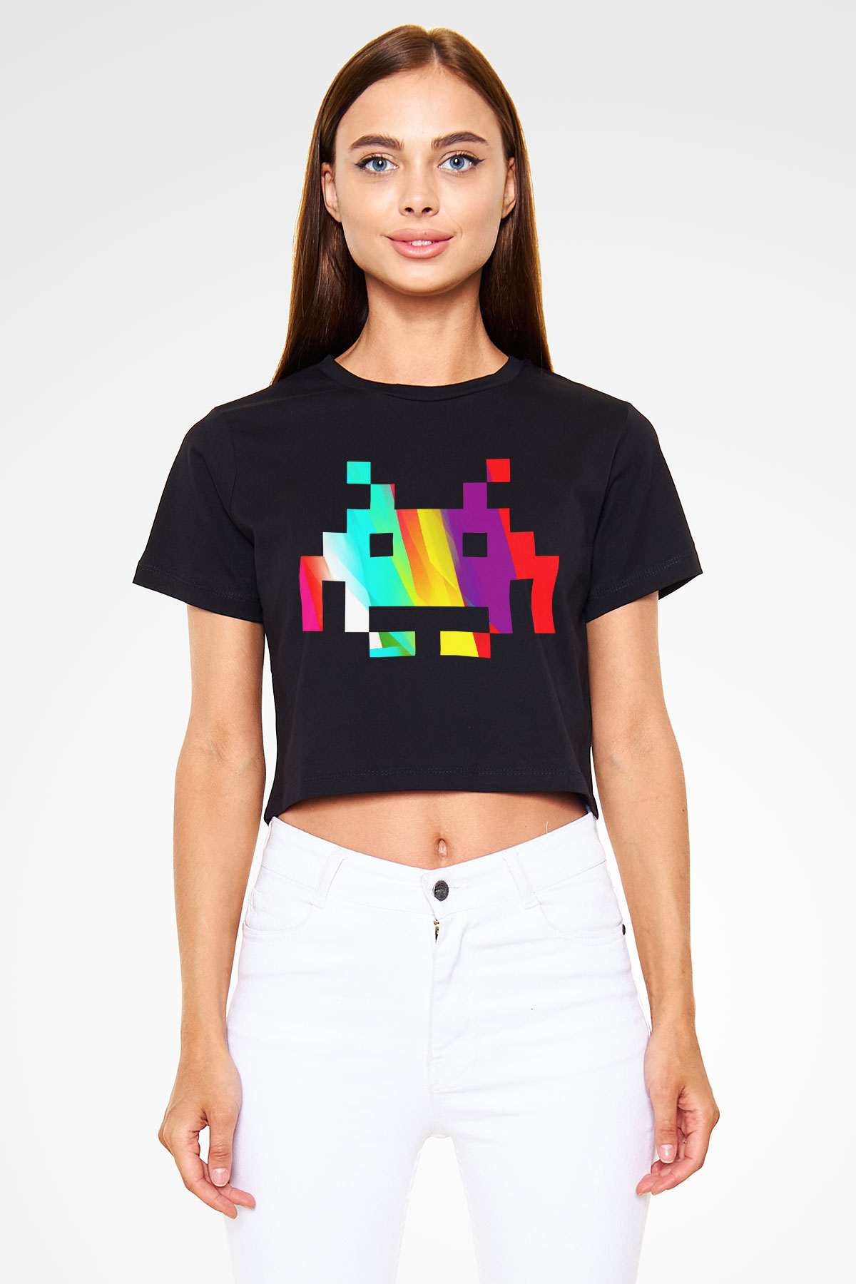 Space Invaders Siyah Crop Top Tişört