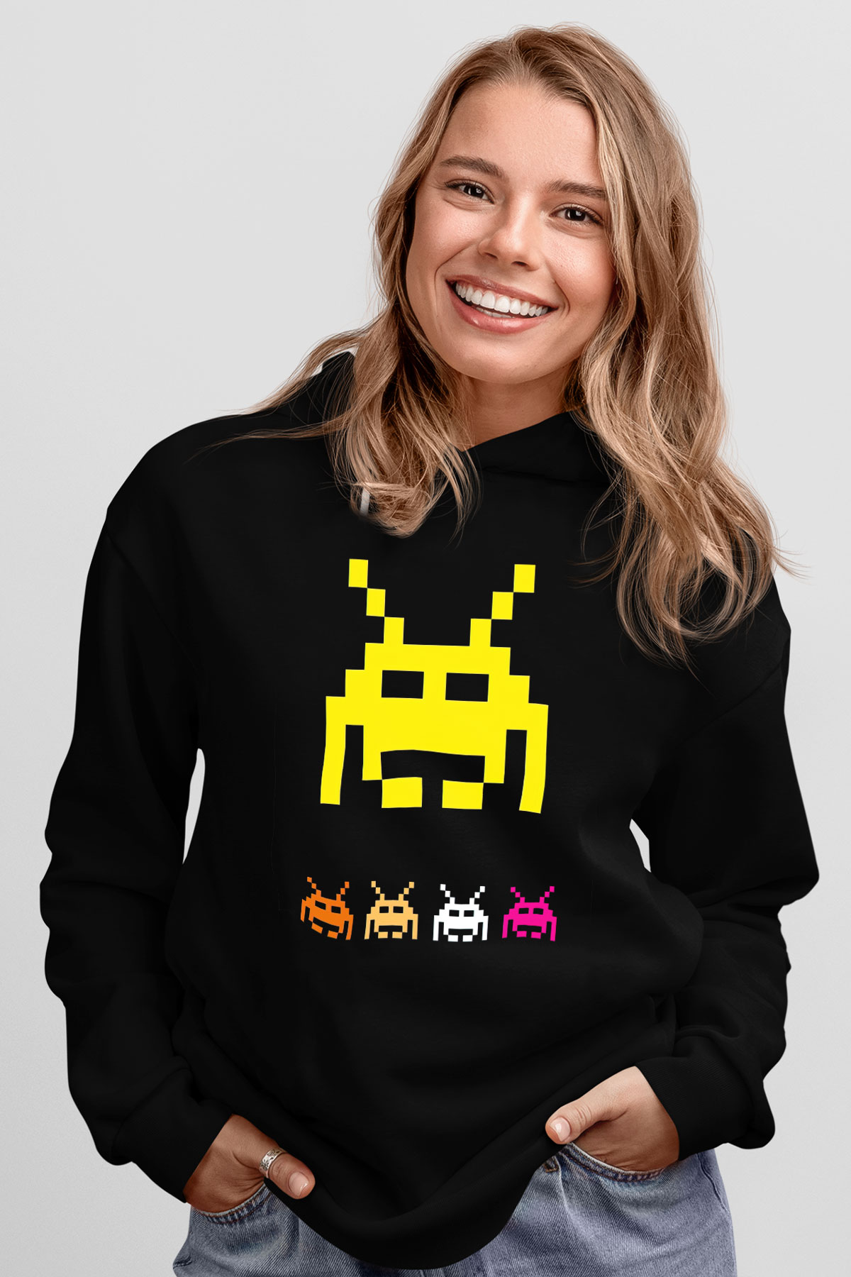 Space Invaders Siyah Unisex Hoodie