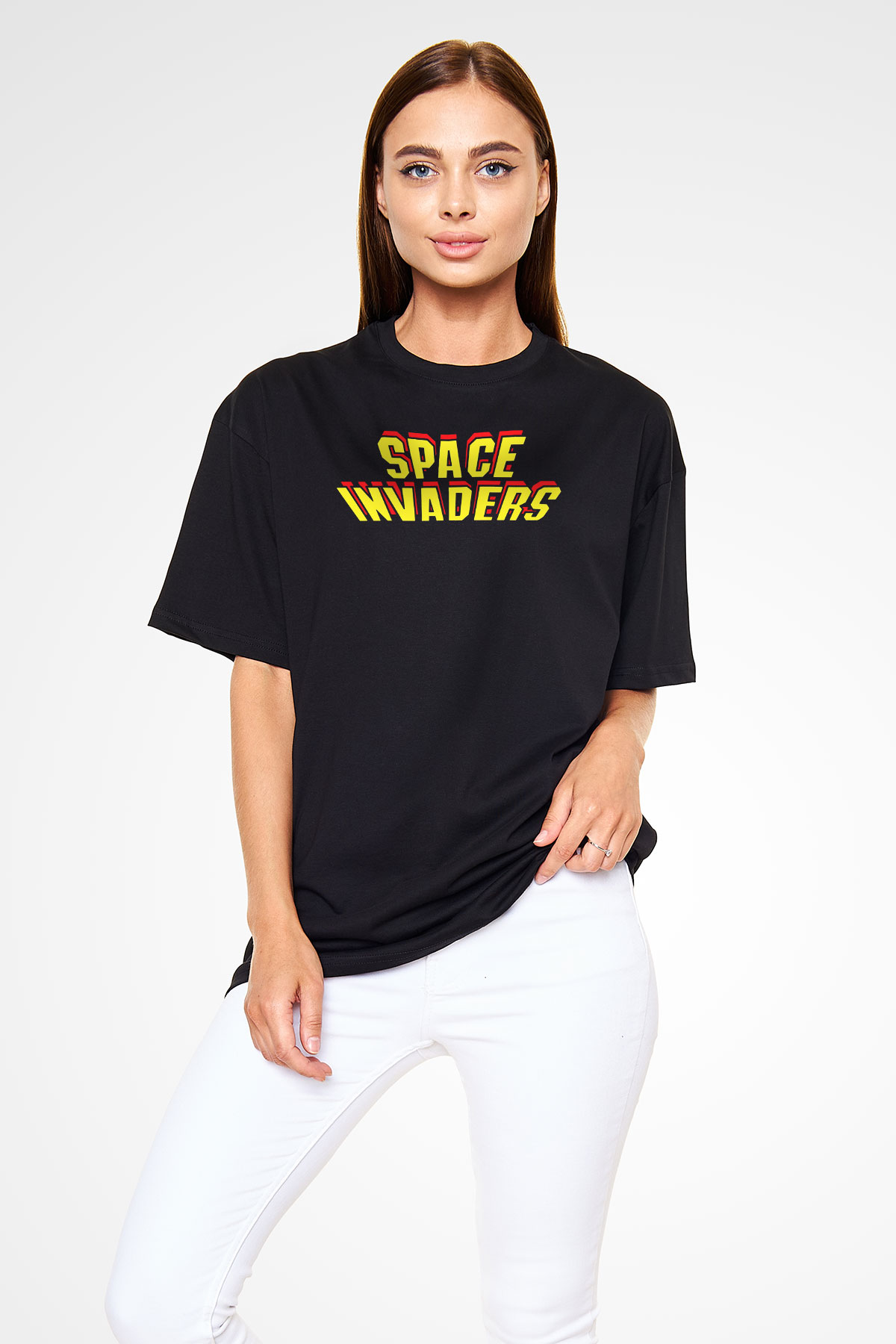 Space Invaders Siyah Unisex Oversize Tişört T-Shirt