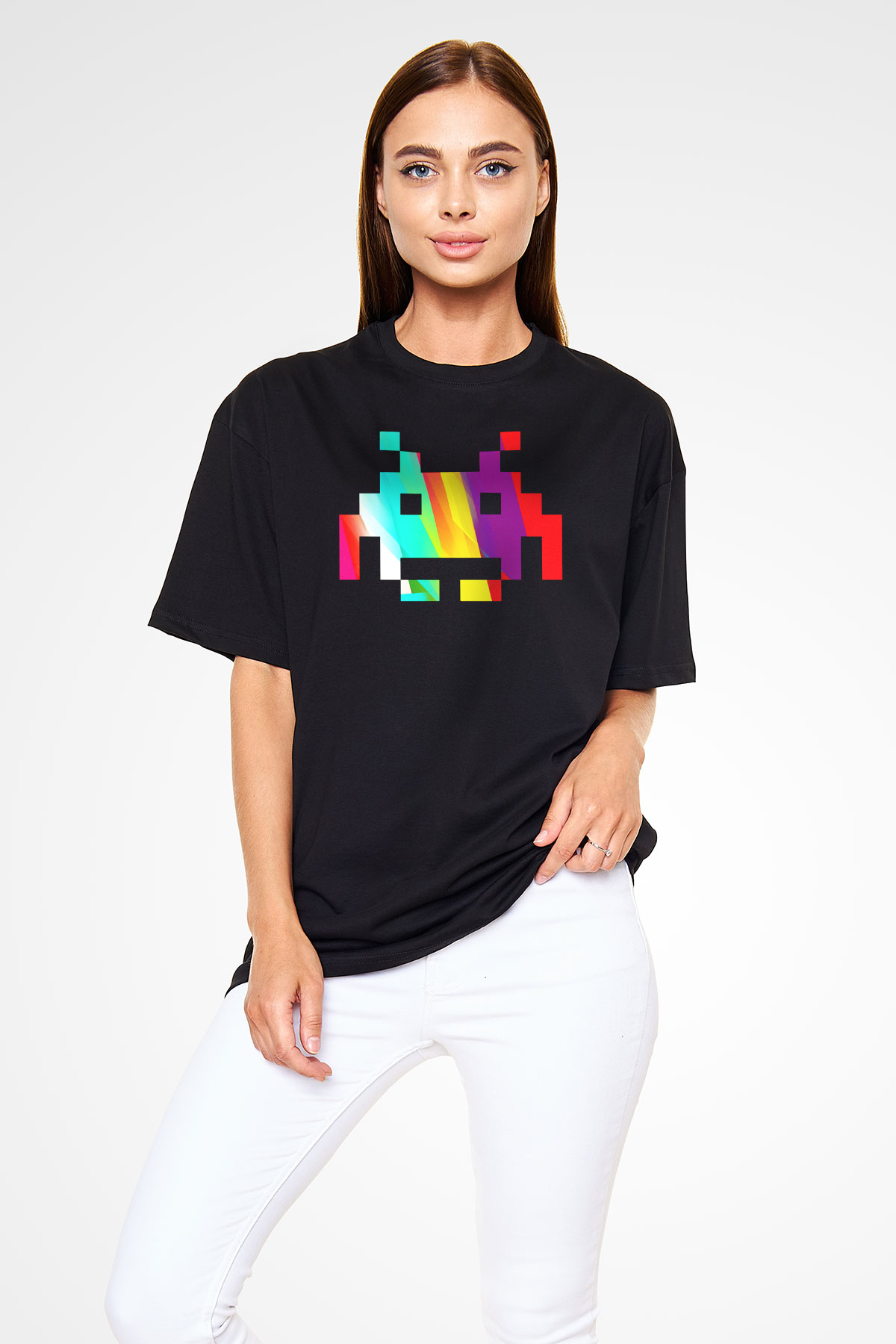 Space Invaders Siyah Unisex Oversize Tişört T-Shirt