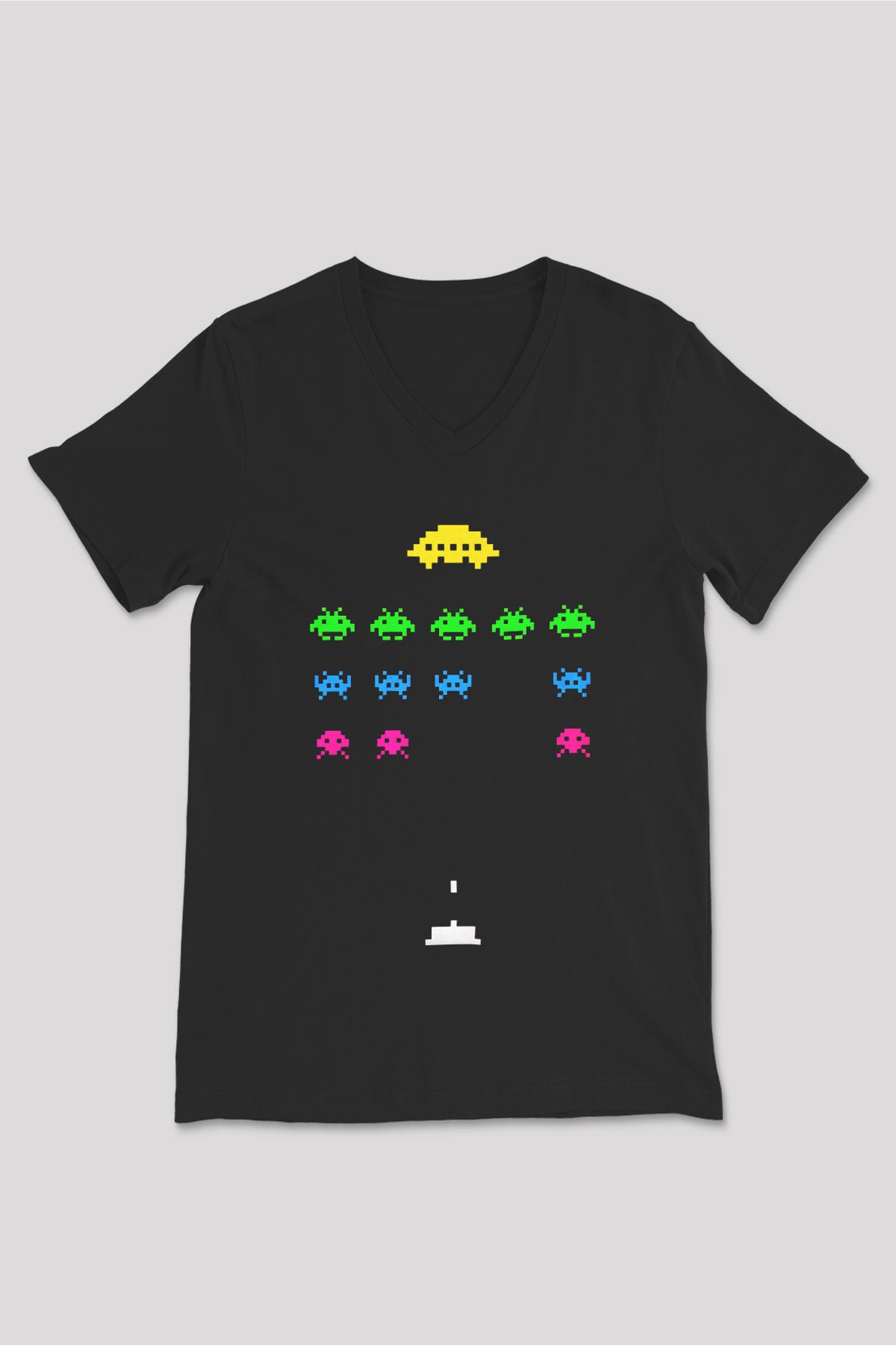 Space Invaders Siyah Unisex  V Yaka Tişört