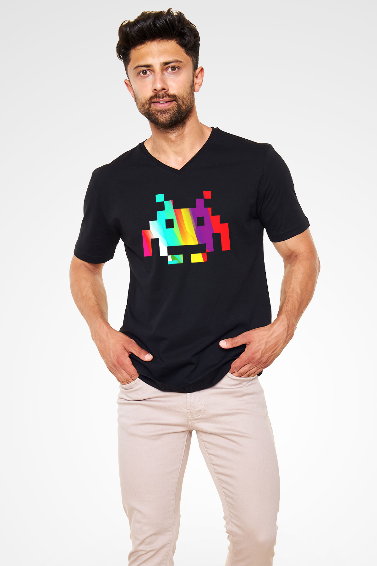 Space Invaders Siyah Unisex V Yaka Tişört T-Shirt