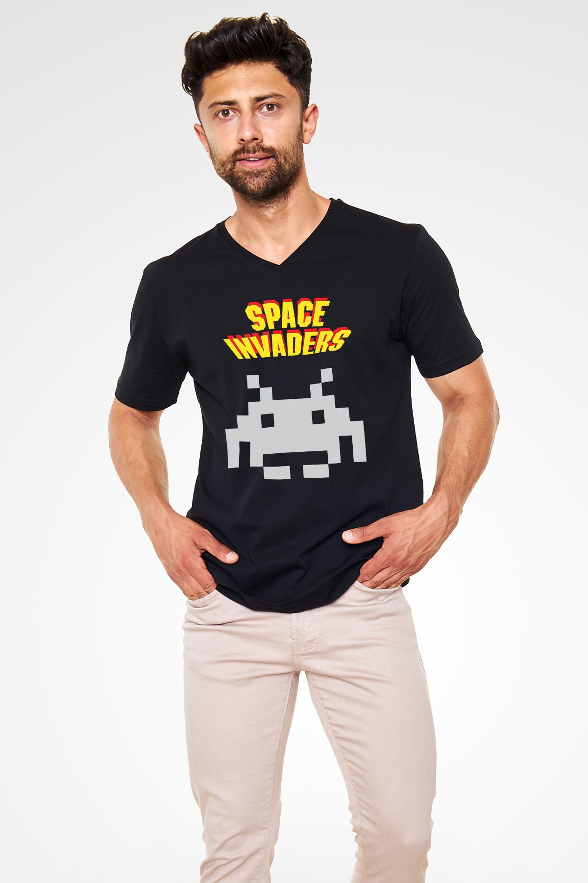 Space Invaders Siyah Unisex  V Yaka Tişört