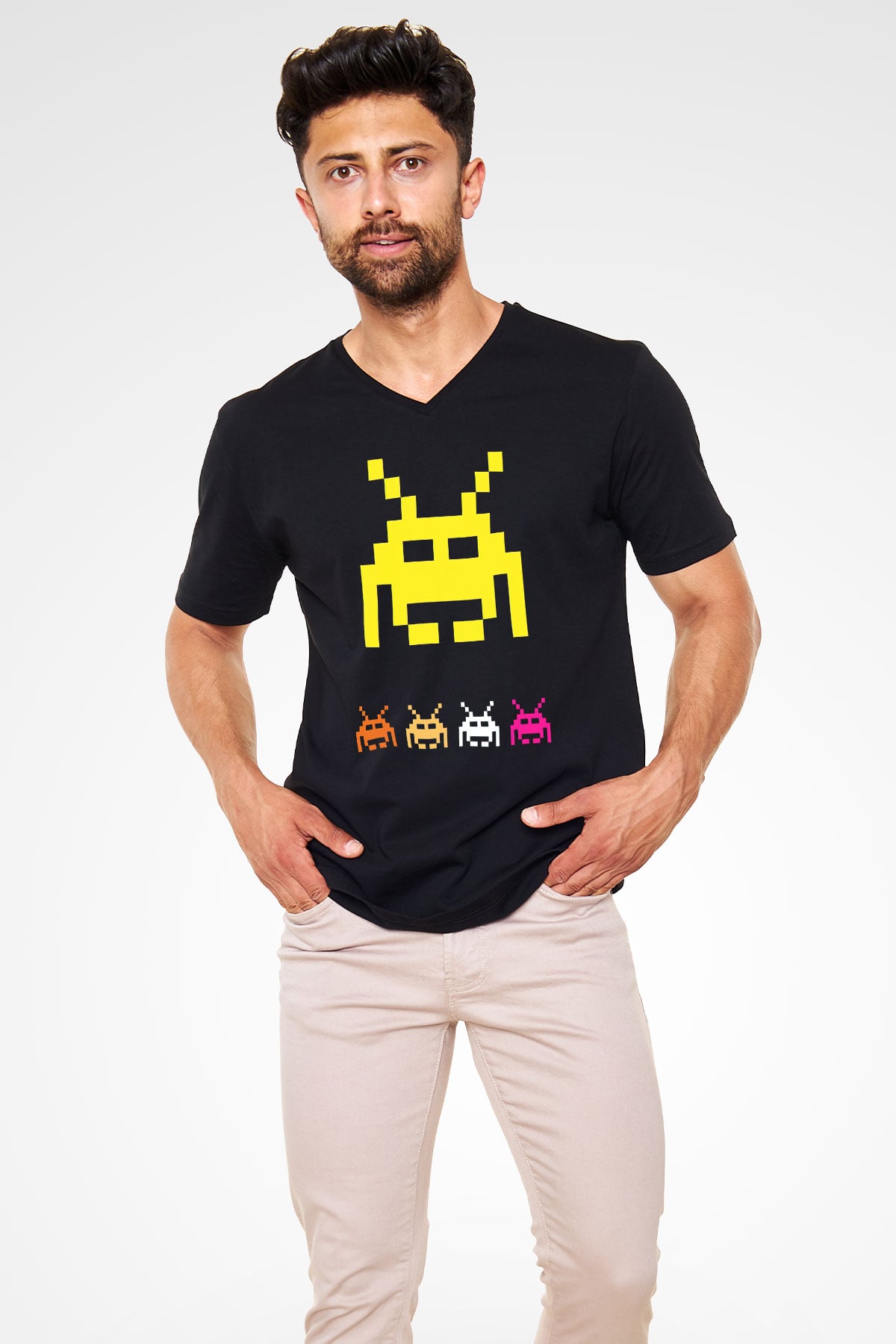 Space Invaders Siyah Unisex  V Yaka Tişört