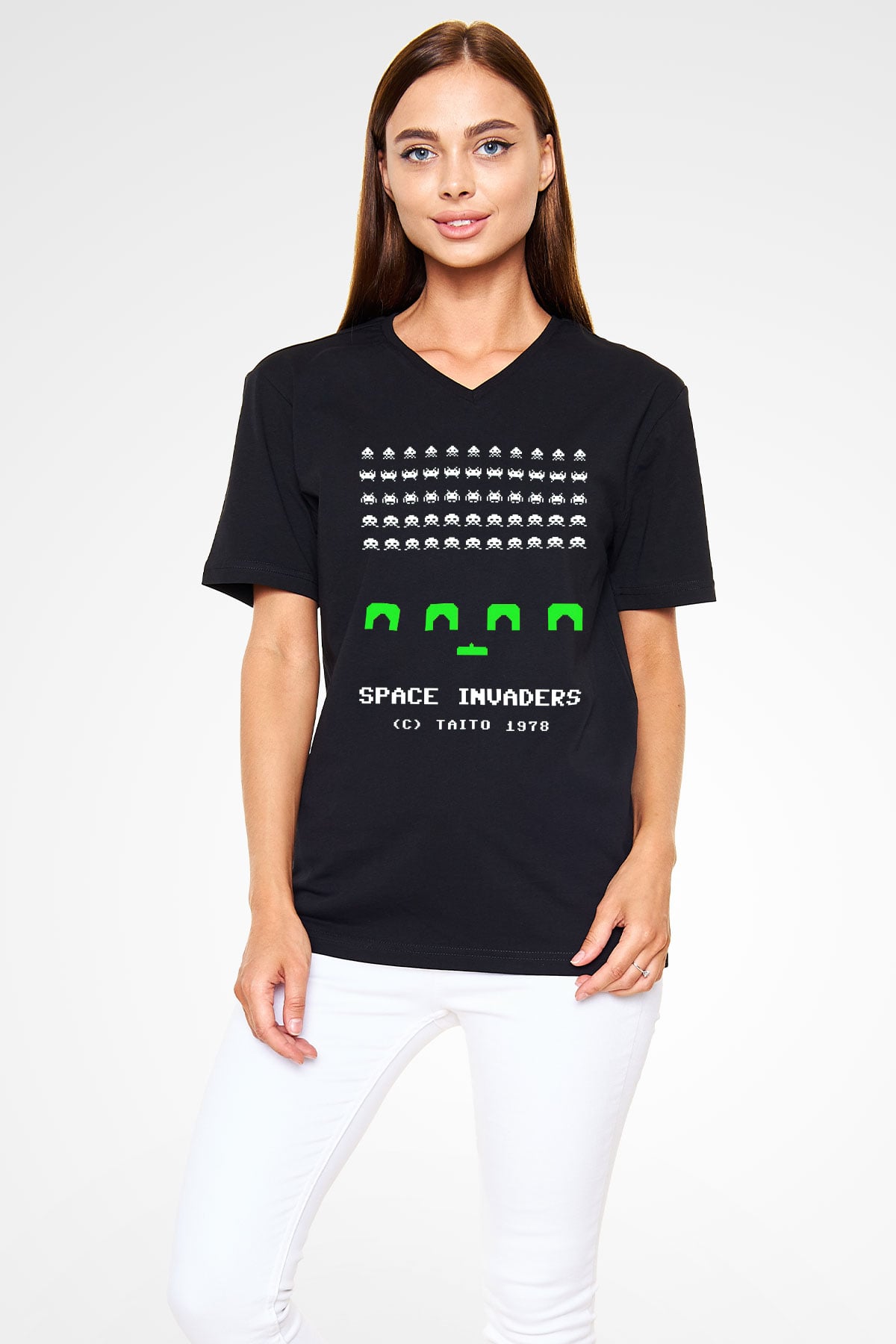 Space Invaders Siyah Unisex  V Yaka Tişört